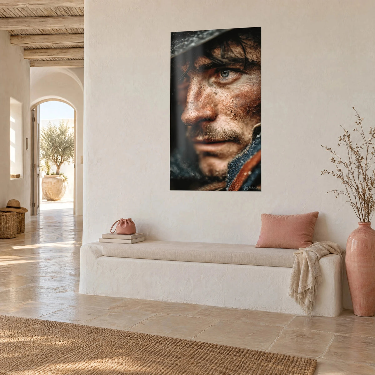 Wall art First World War fighter, unkempt moustache, ochre earth splashes and midnight-blue collar, Mediterranean cream wall