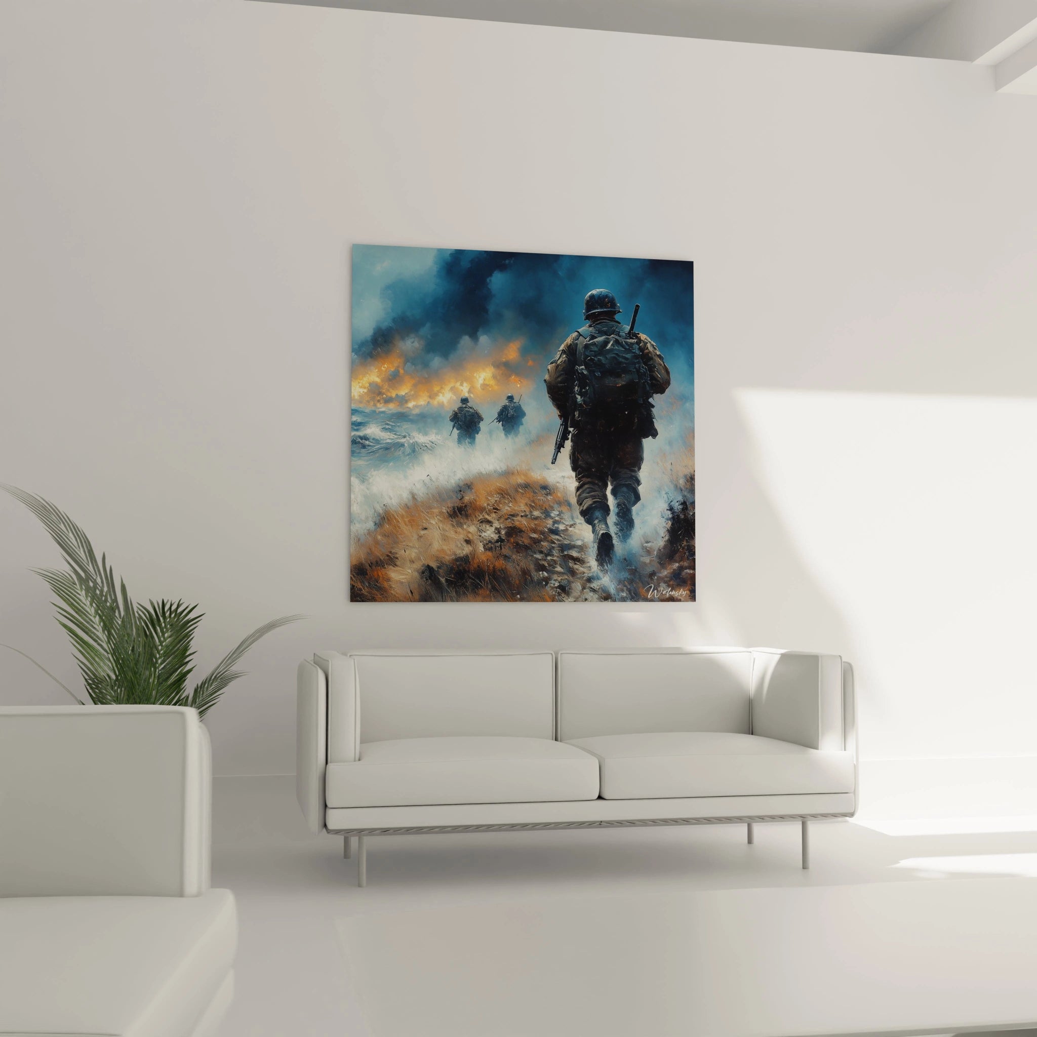 Walensky tableau soldat deuxième guerre mondiale montrant un soldat marchant vers la fumée et des flammes au loin