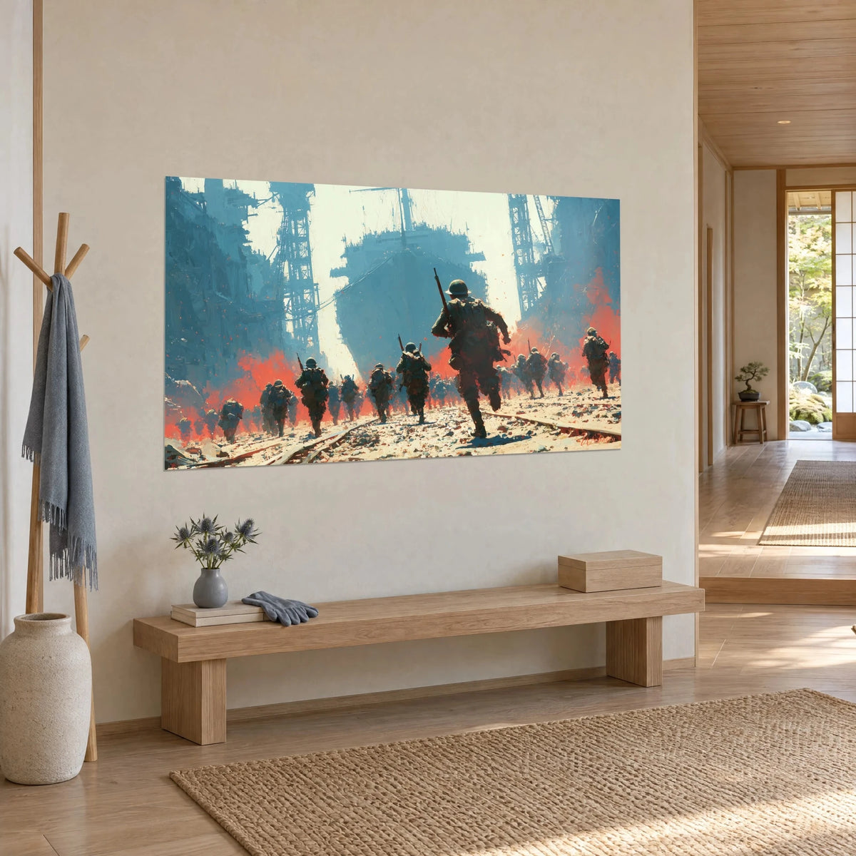 Tableau colonne de soldats à l'assaut d'un chantier naval, brume bleu ardoise et lueurs orange, vue de trois-quarts dans une entrée japandi