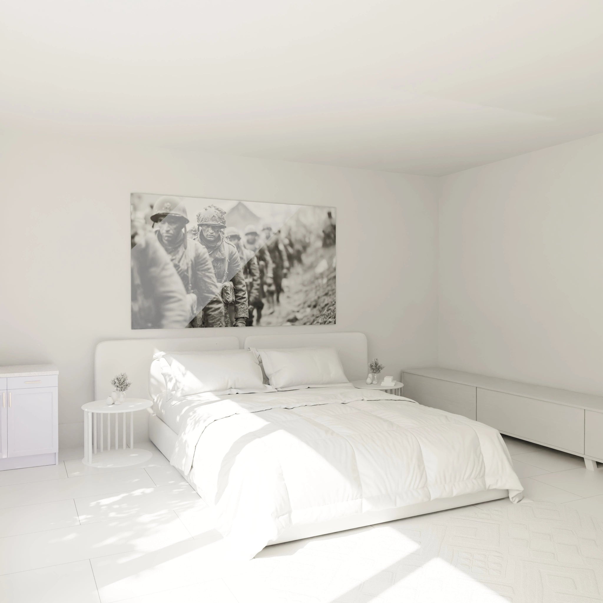 tableau soldats seconde guerre mondiale Walensky en toile noir et blanc sur lit double dans chambre