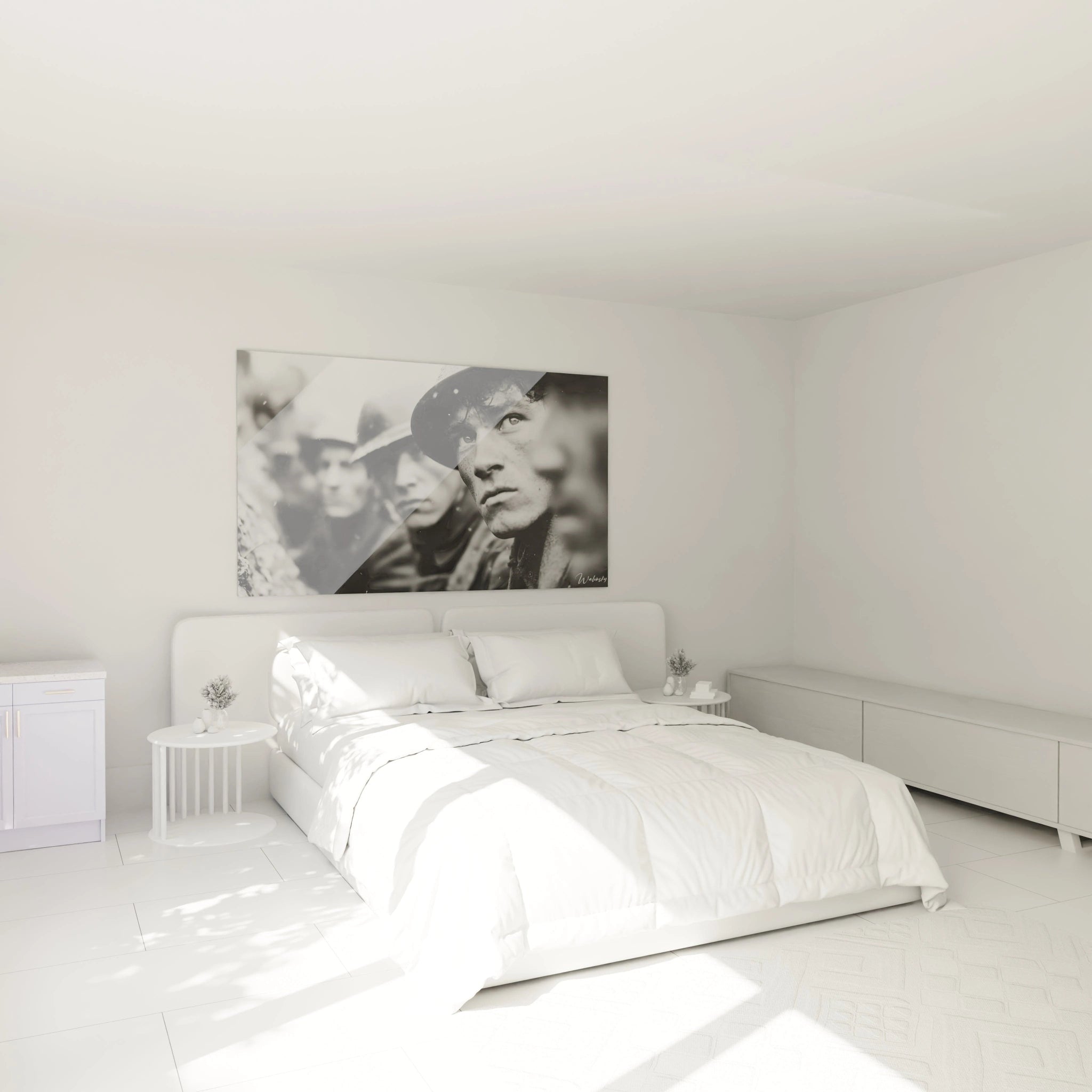 Tableau mural Walensky noir et blanc representant visages de soldats dans chambre minimaliste, tableau Première Guerre mondiale