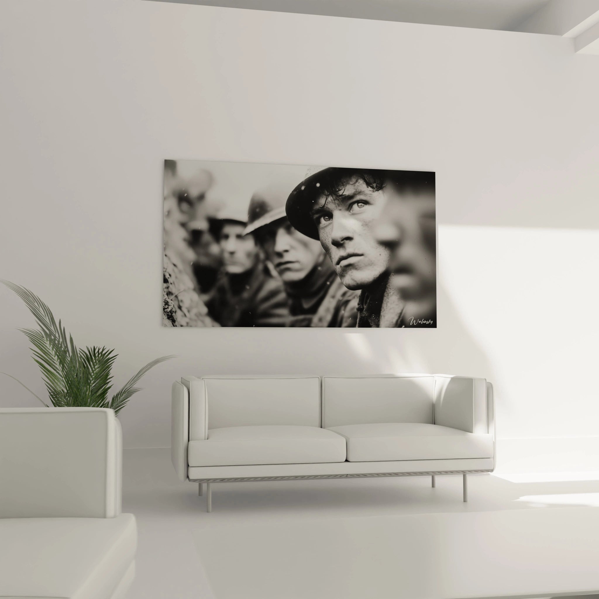 Walensky tableau Première Guerre mondiale en photo noir et blanc montrant des soldats dans un salon moderne