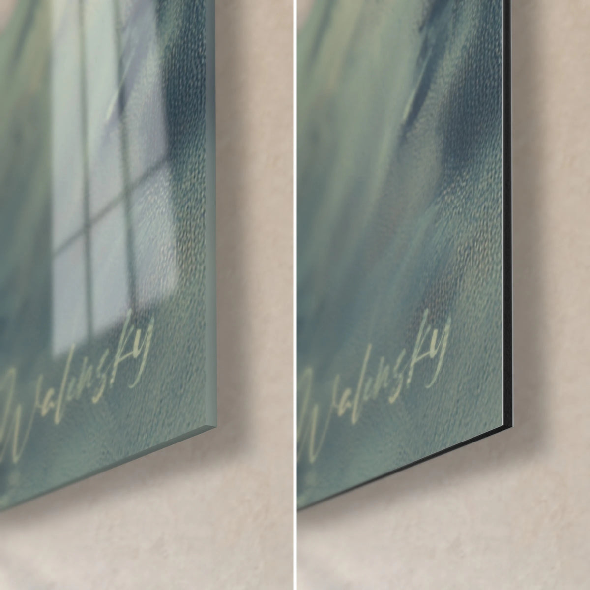Wall art troop of soldiers under a purple sky, bottom right corner: glossy acrylic glass on the left, matte Dibond aluminium on the right, 3 mm edge