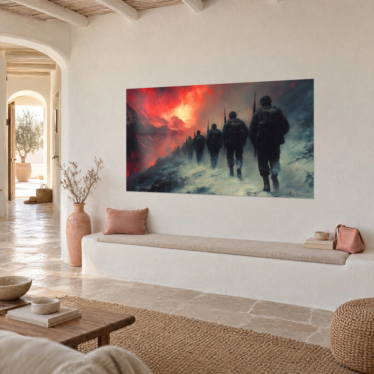 Wall art infantry patrol in single file along a snowy ridge, scarlet sky and blue-grey haze, white wall of a Mediterranean house