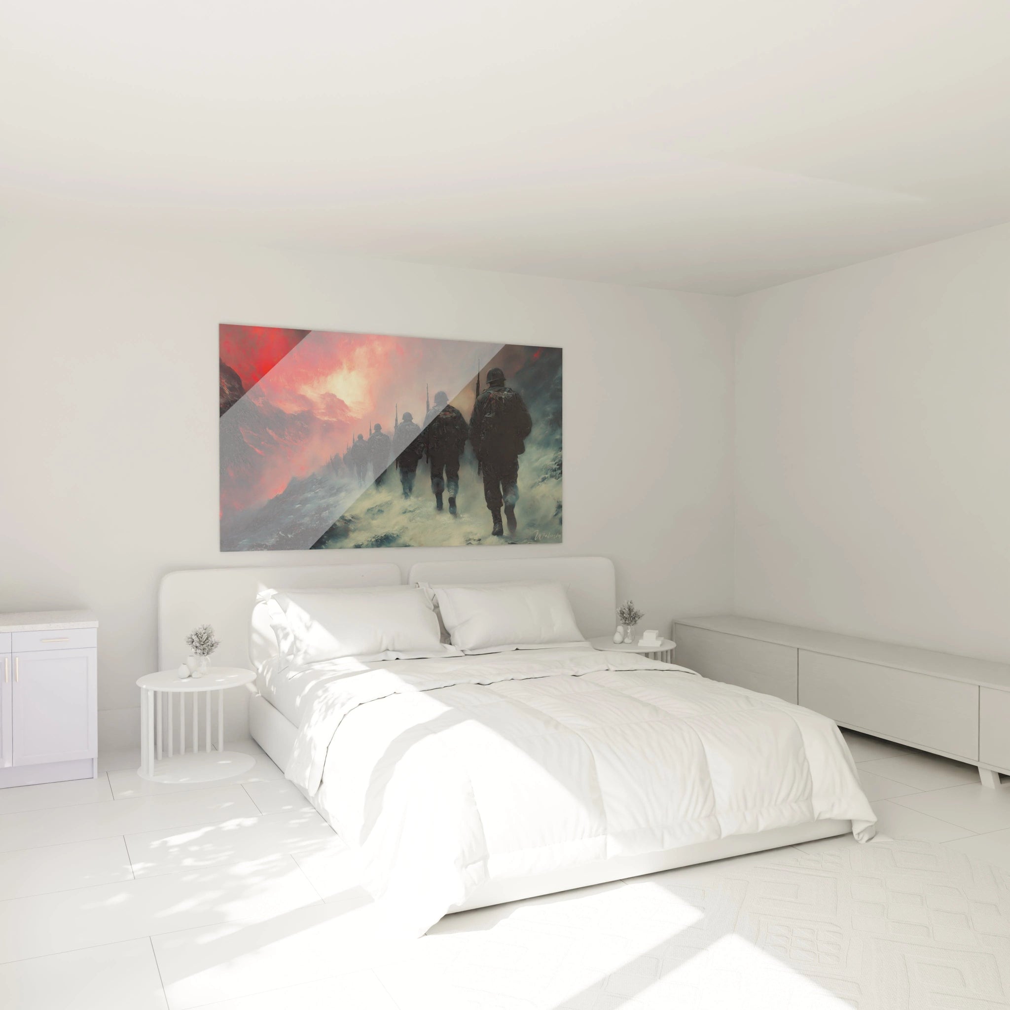 Tableau mural Walensky représentant des soldats en marche tableau soldats seconde guerre mondiale sur fond dramatique pour chambre