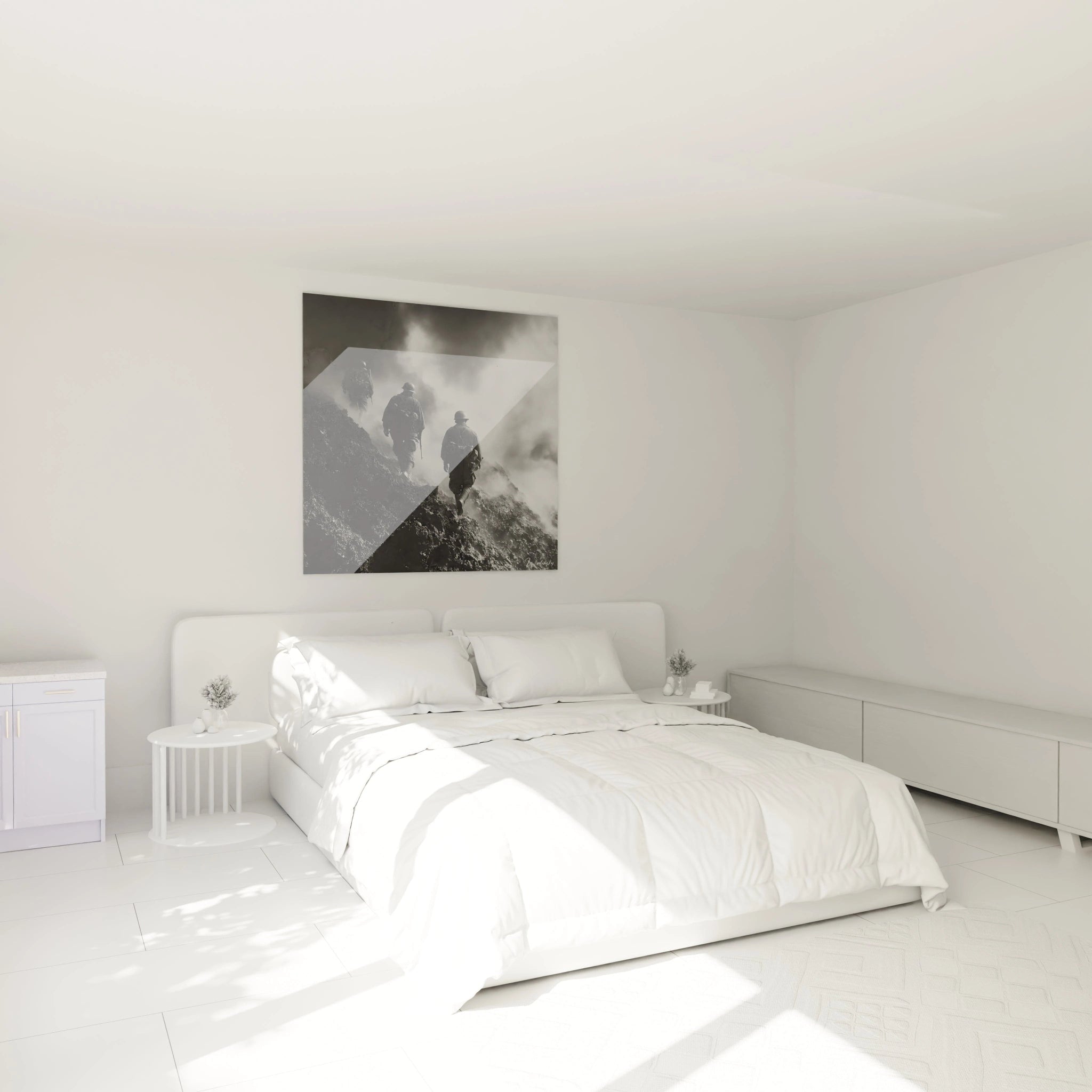 tableau soldat seconde guerre mondiale Walensky photo noir et blanc accroche au mur d une chambre minimaliste blanche avec lit