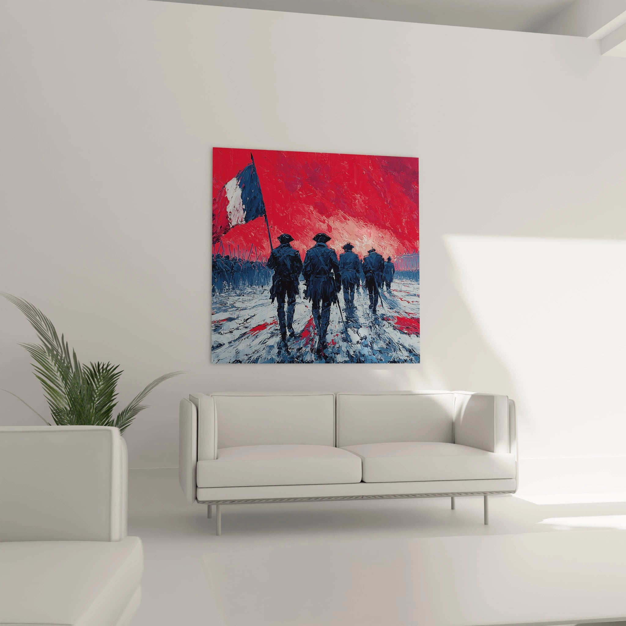tableau révolution française mural Walensky représentant soldats marchant vers un drapeau tricolore sur sol enneigé