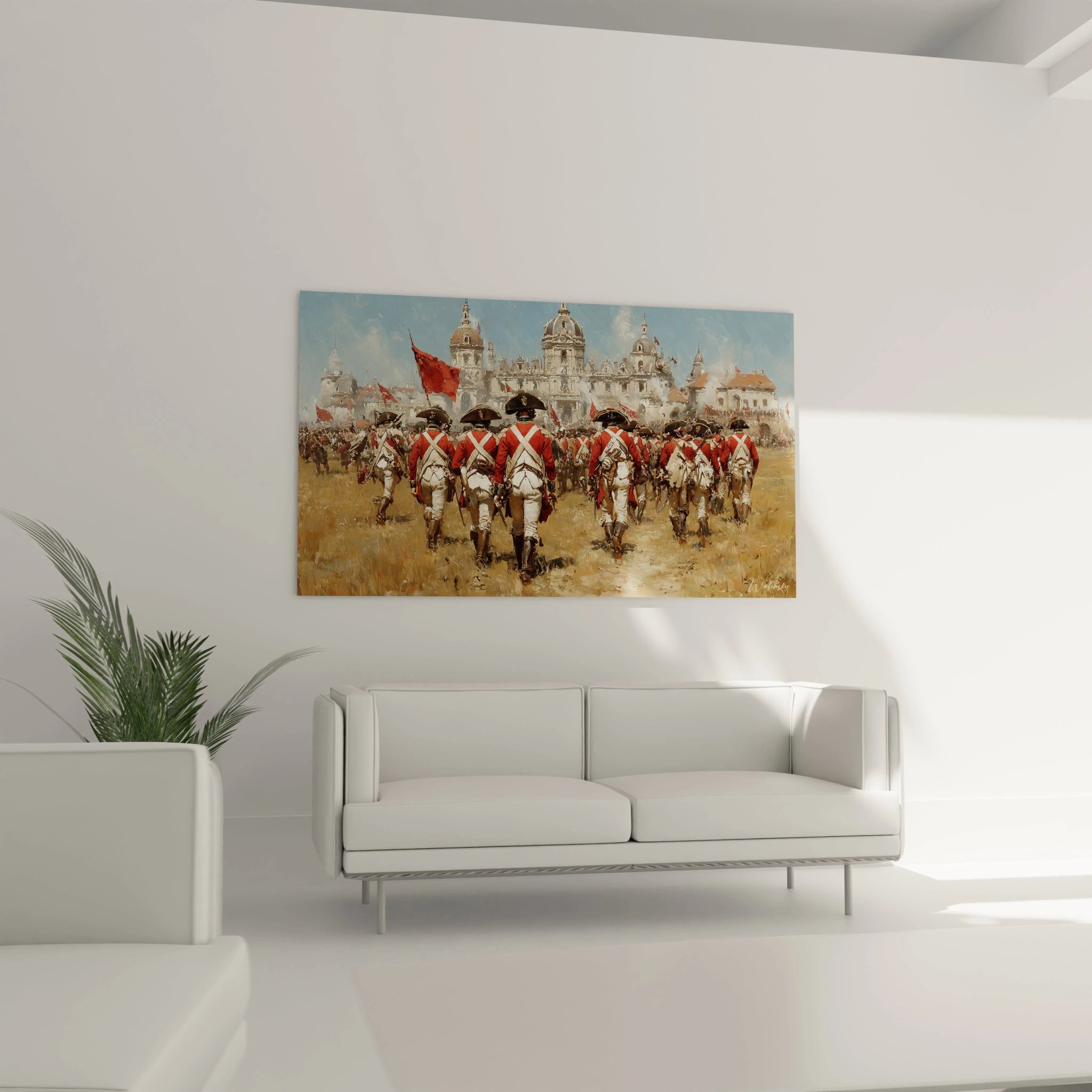 Tableau mural montrant soldats en uniformes rouges marchant devant bâtiments historiques tableau soldats révolution française