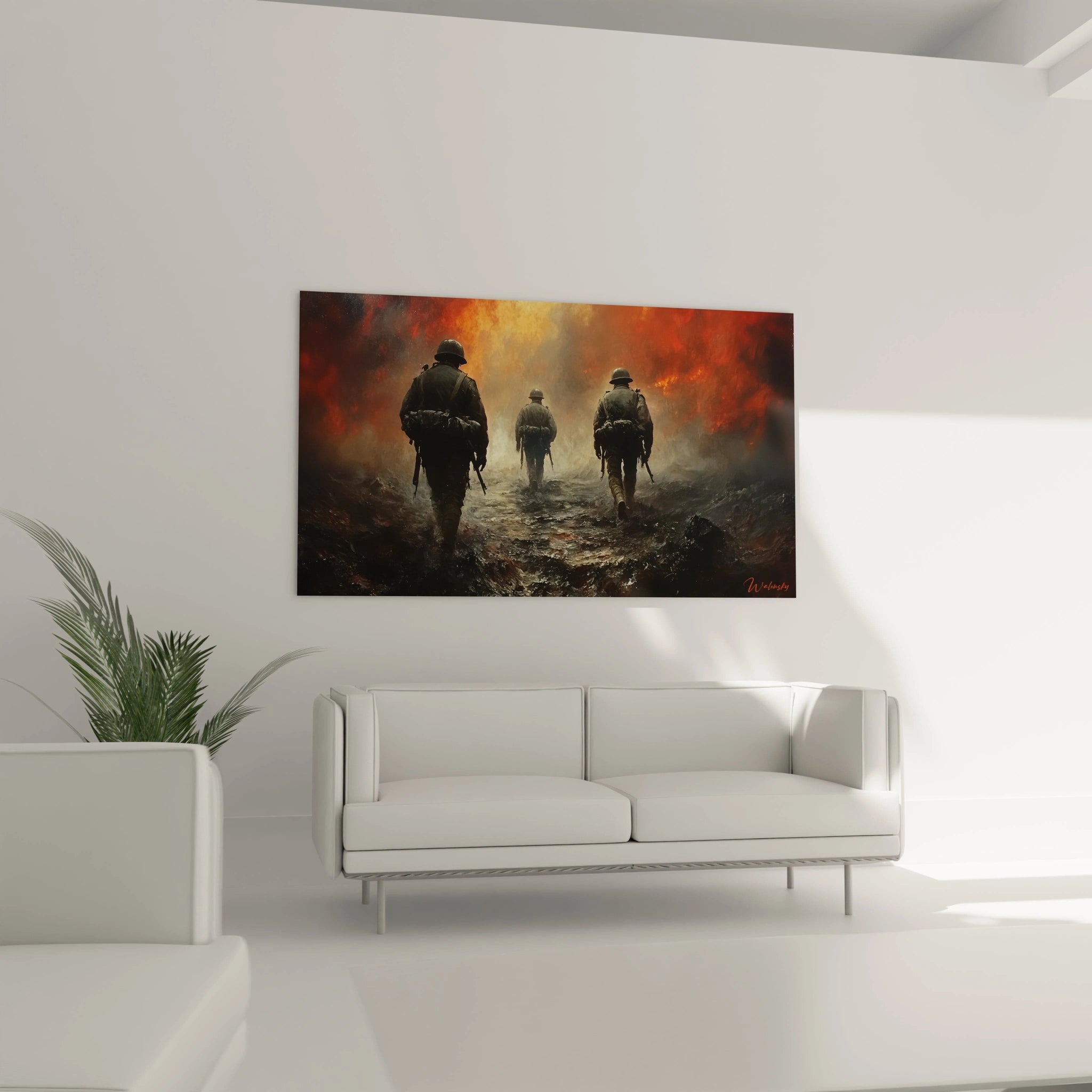 Tableau mural Walensky montrant trois soldats marchant sur un champ de bataille en flammes tableau soldats seconde guerre mondiale