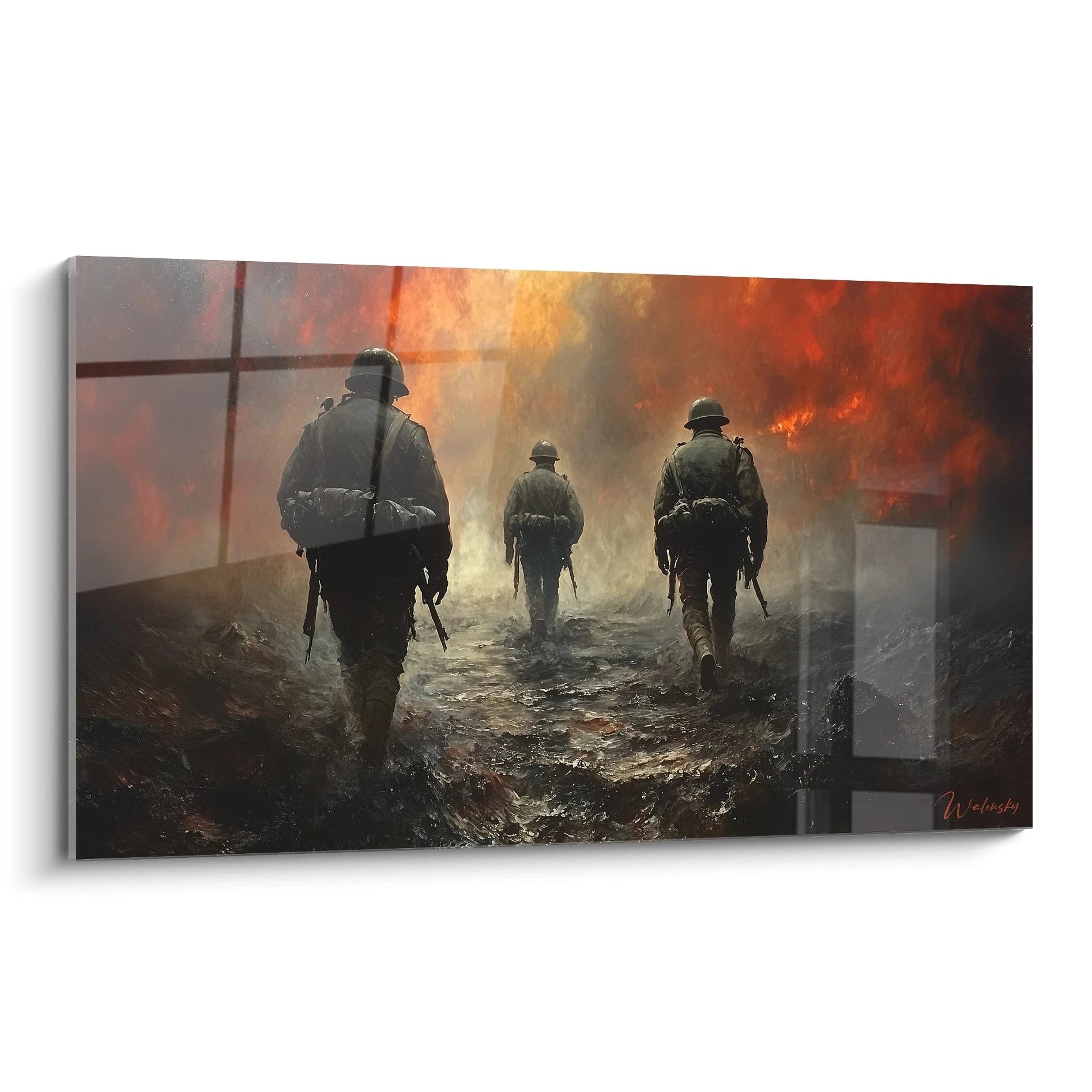 tableau soldats seconde guerre mondiale Walensky peinture murale soldats marchant dans fumee et feu