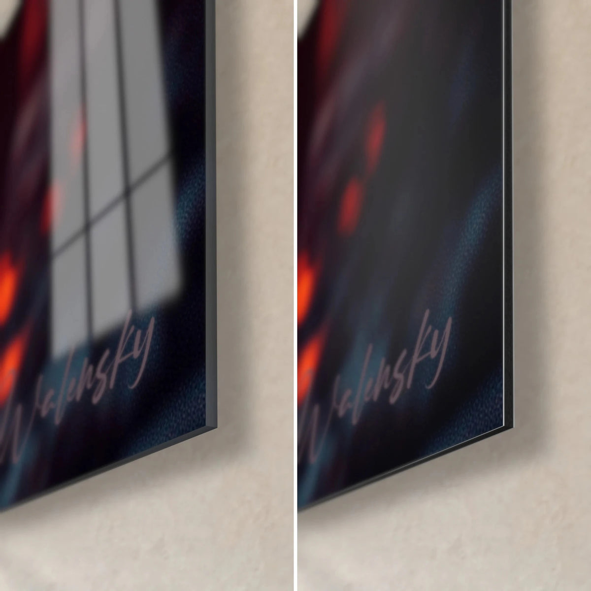 Cuadro soldados de espaldas ante una hoguera roja, esquina inferior derecha en cristal brillante y Dibond de aluminio negro mate, grosor de 3 mm
