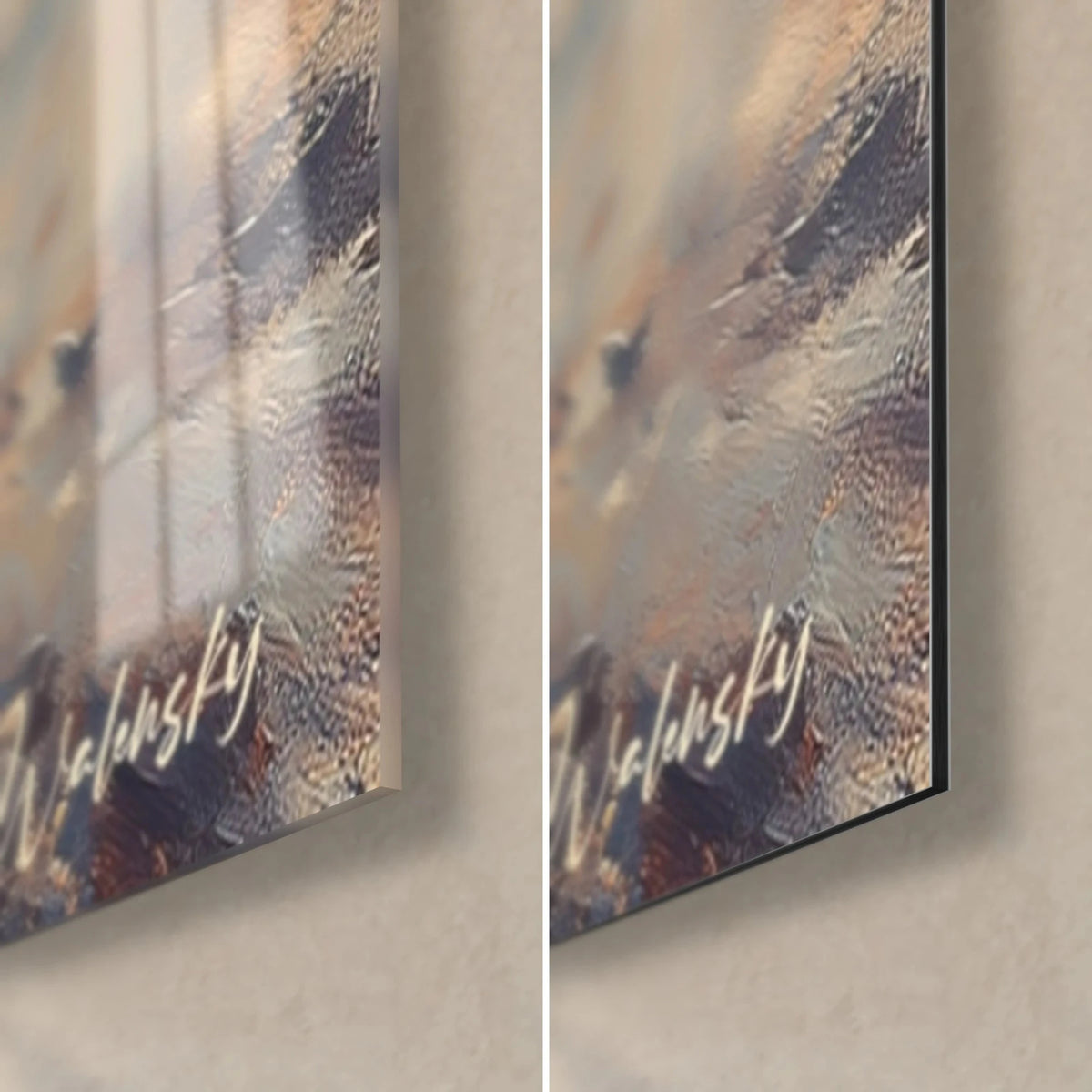 Wall art troop with rifles on brown earth, bottom right corner: glossy acrylic glass, matte black Dibond aluminium, 3 mm edge