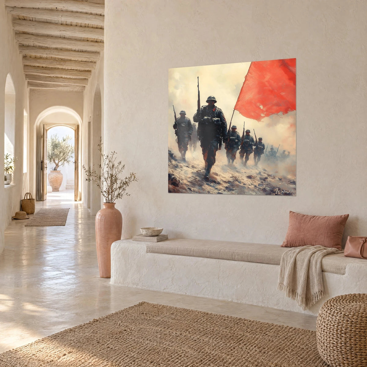 Wall art column of soldiers in midnight blue greatcoats, torn vermilion standard flying, plastered wall of a vaulted stone corridor