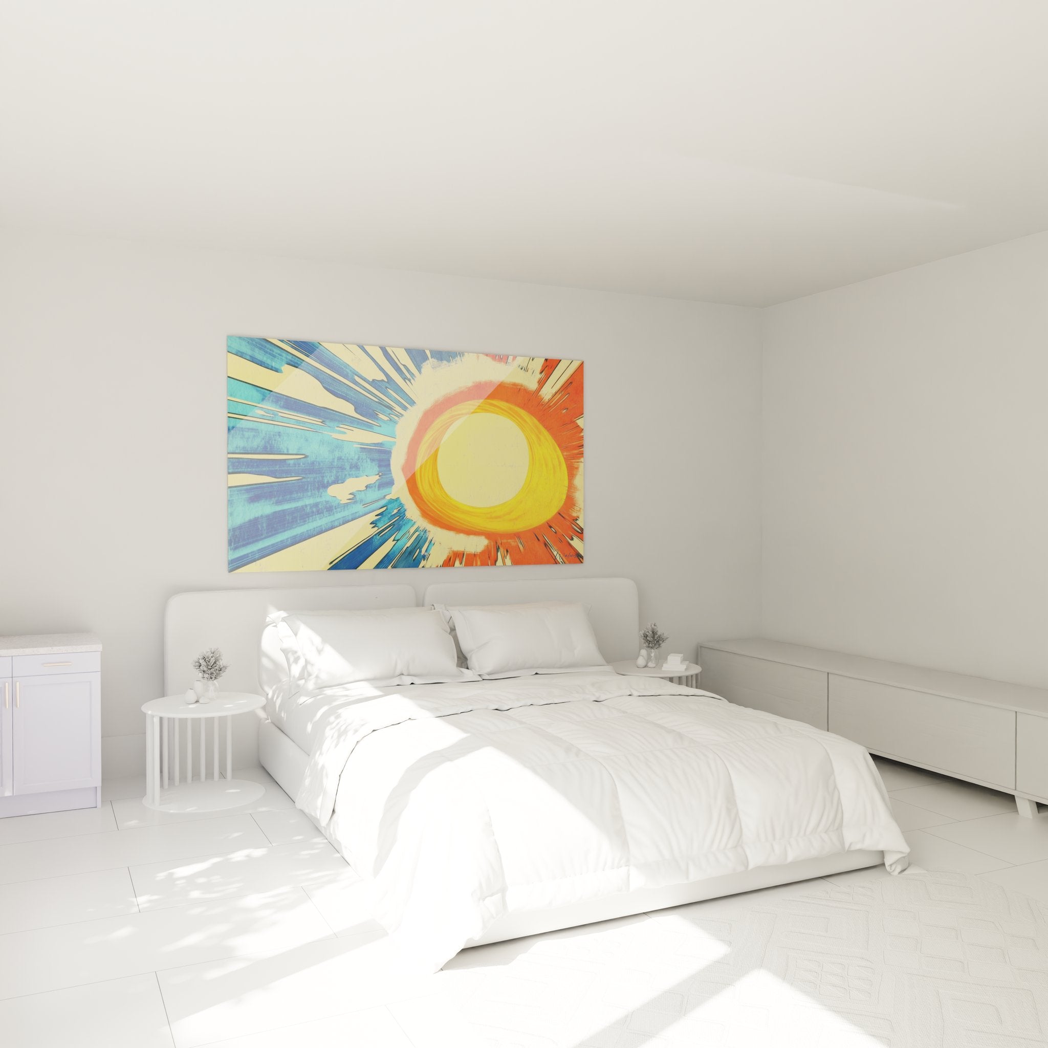 Tableau soleil cosmique abstrait décorant élégamment une chambre moderne avec palette orange bleue