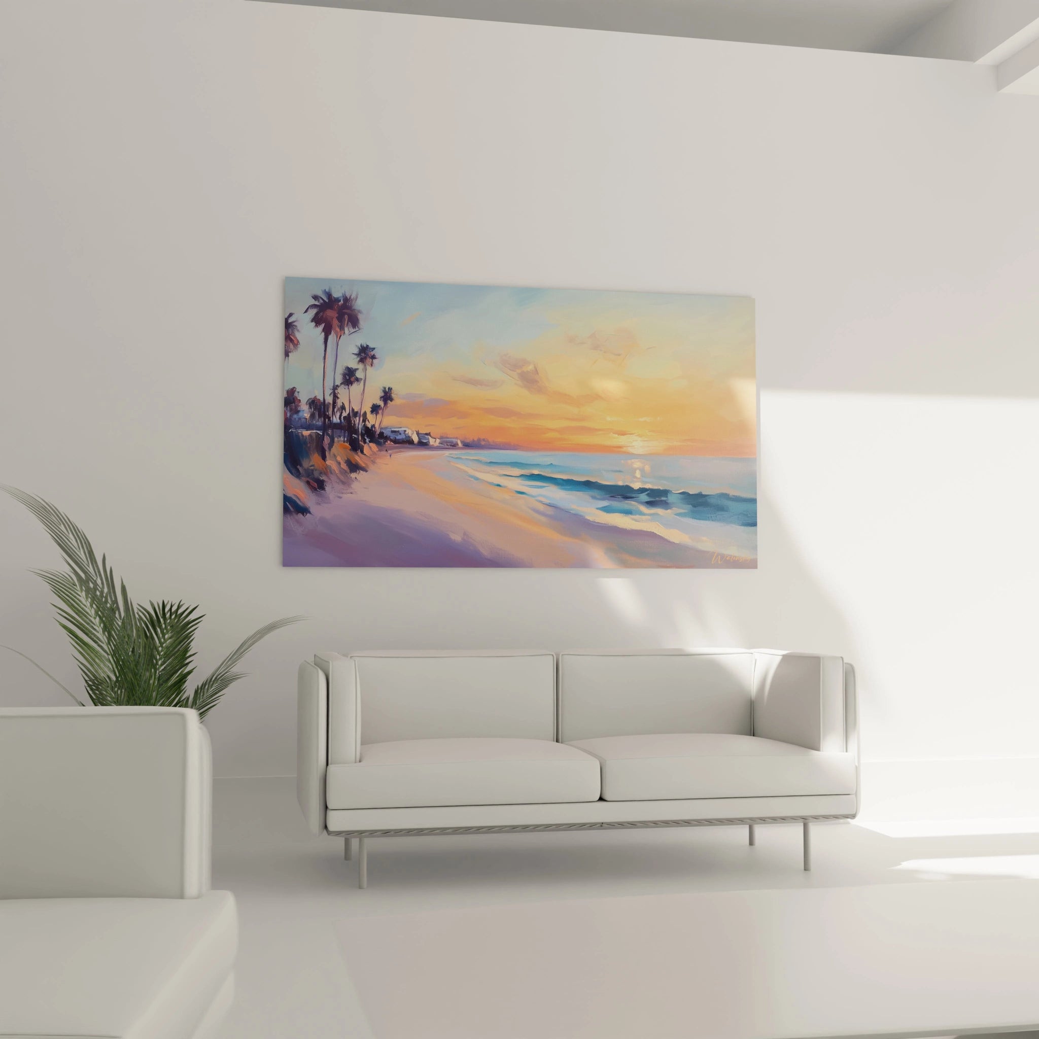 Décoration murale plage montrant un paysage marin au coucher du soleil avec des palmiers, où les couleurs chaudes orange et jaune du ciel contrastent avec les tons bleus de l'océan et les silhouettes sombres.
