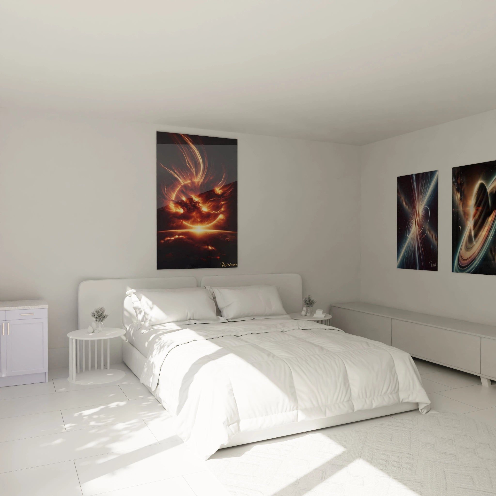 Ce tableau espace au-dessus d'un lit illumine la chambre de teintes vives, créant un univers vibrant et mystique.
