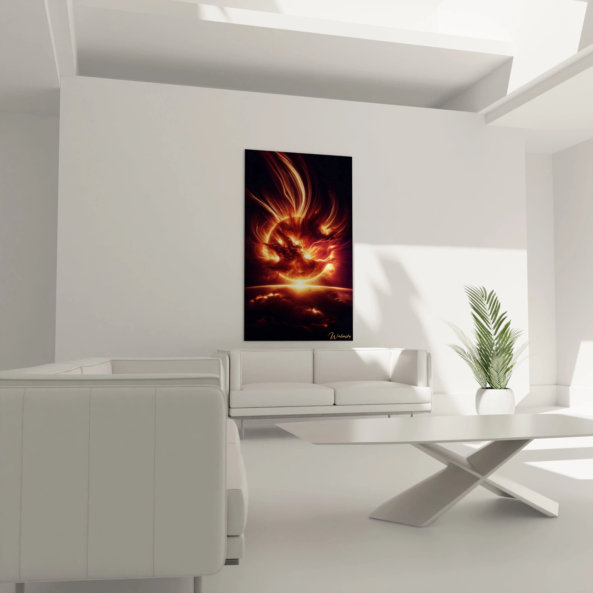 Accroché au-dessus d'un canapé, ce tableau espace abstrait dévoile des textures lumineuses, évoquant l'énergie des étoiles.
