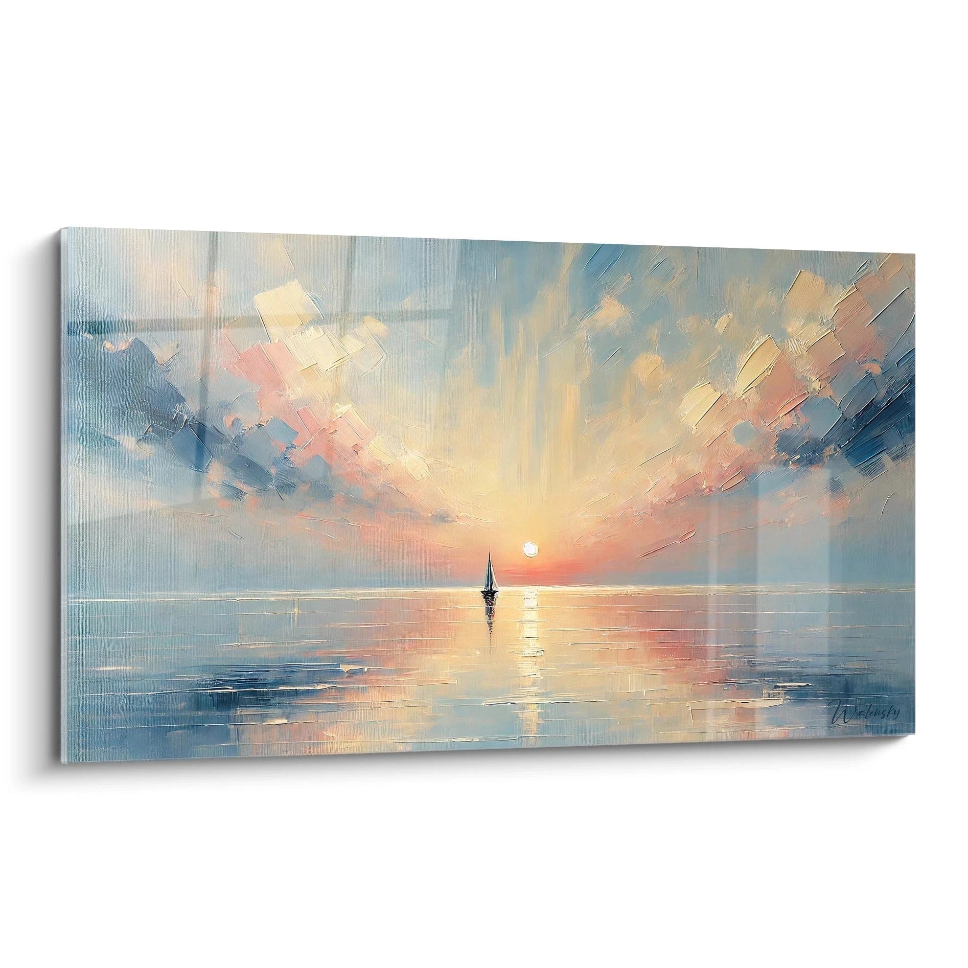 vue de biais : Un tableau peinture abstrait inspiré par un coucher de soleil sur l ocean. Une harmonie de bleu, rose et beige, evoquant la serenite et l evasion de l horizon, ideal pour un interieur apaisant.

