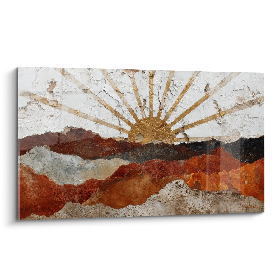 Tableau soleil doré rayonnant sur montagnes ocre et terre de sienne - Aurore terrestre - Edition Feng shui Centre Terre