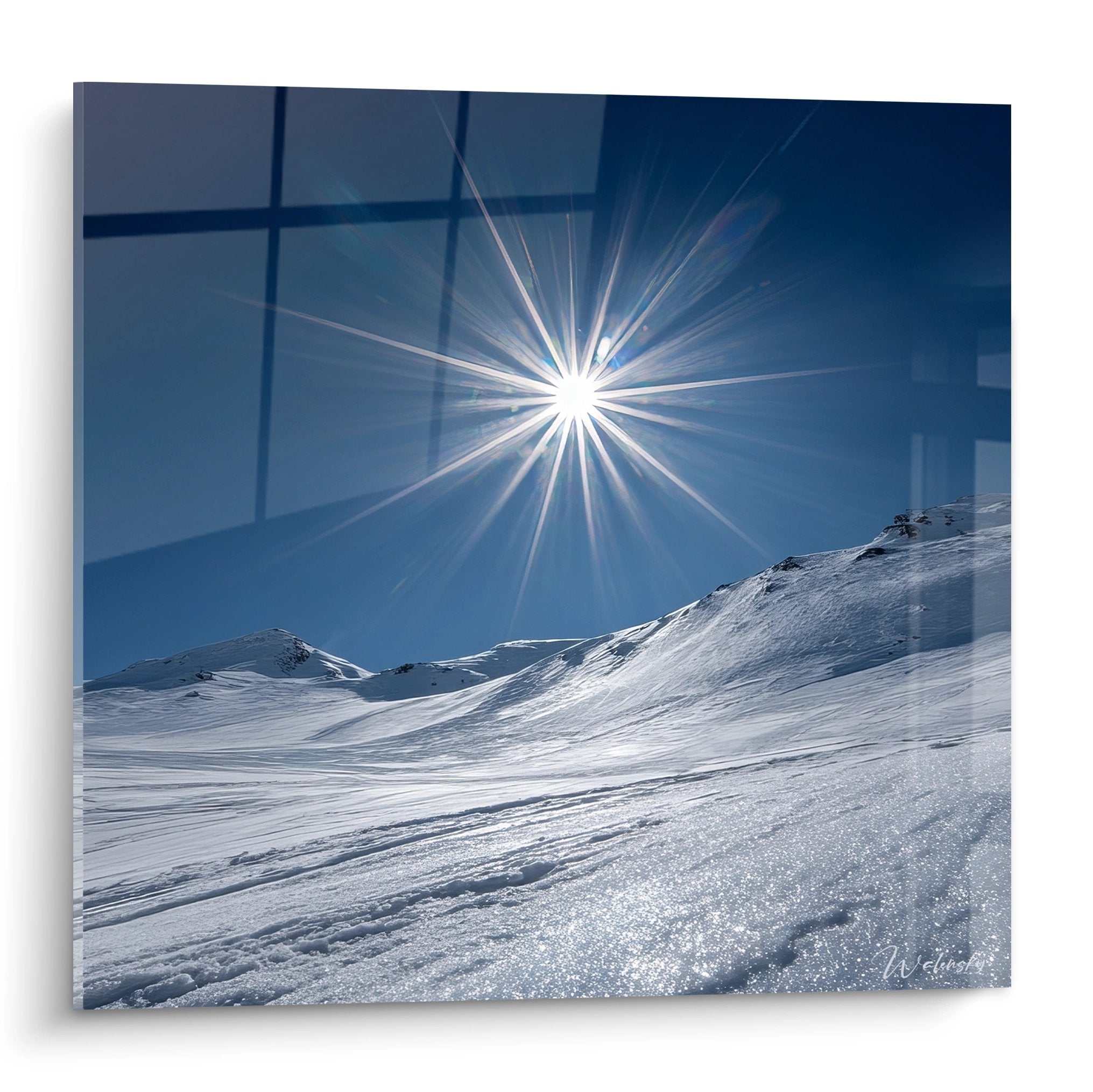 Tableau mural soleil éclatant étoile sur paysage montagne enneigée hiver art déco nature polaire