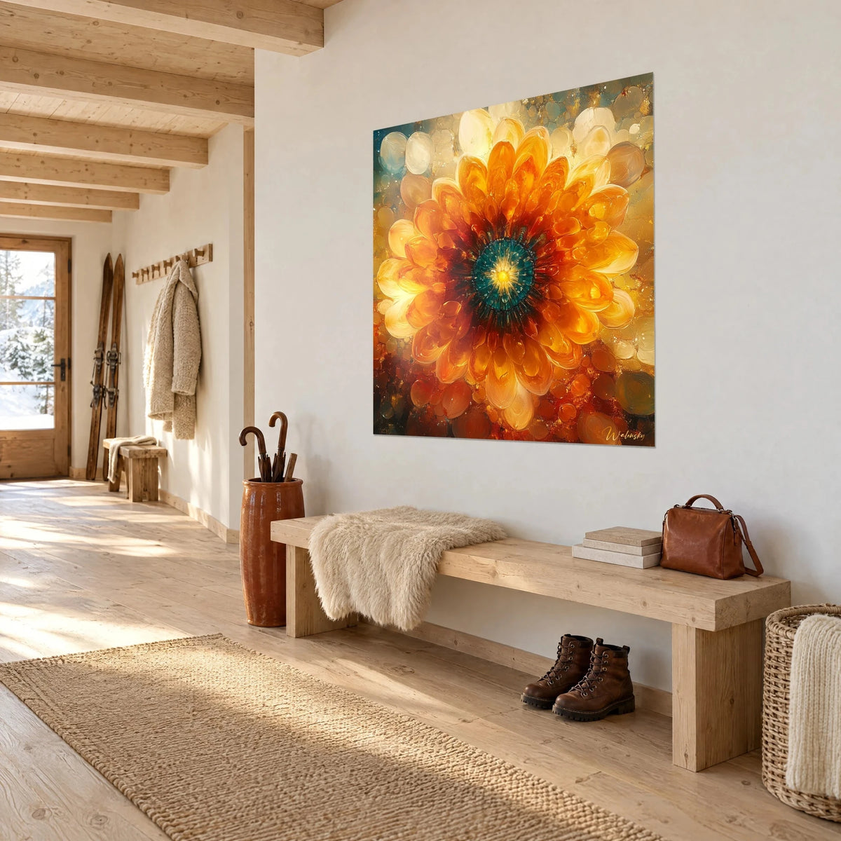 Tableau corolle incandescente jaune d'or et rouge cuivré, vue de trois quarts sur un mur blanc, entrée chalet avec banc en bois