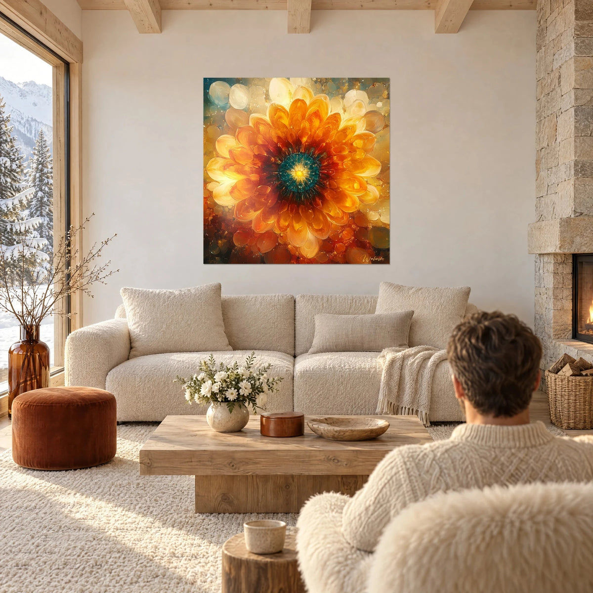 Tableau fleur solaire aux pétales orange ambré et cœur turquoise, un couple de dos, au-dessus d'un canapé dans un salon lumineux