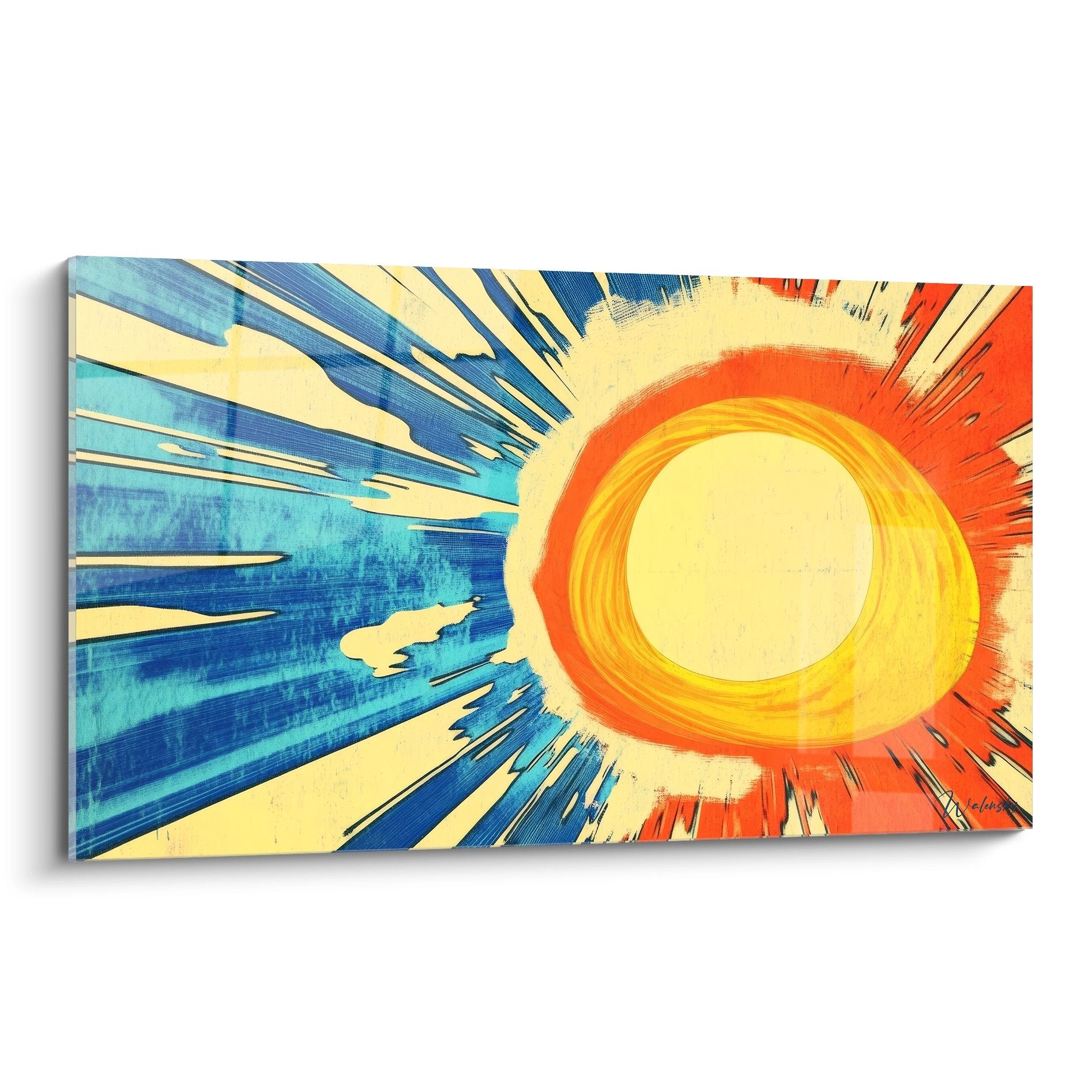 Tableau mural soleil radiant abstrait avec rayons bleus et oranges sur fond moderne contemporain