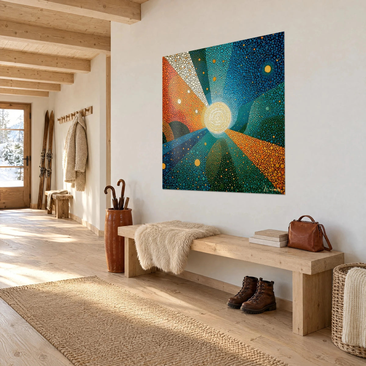 Wall art pointillist solar mandala with turquoise and orange rays, shown three-quarter view in a chalet entryway