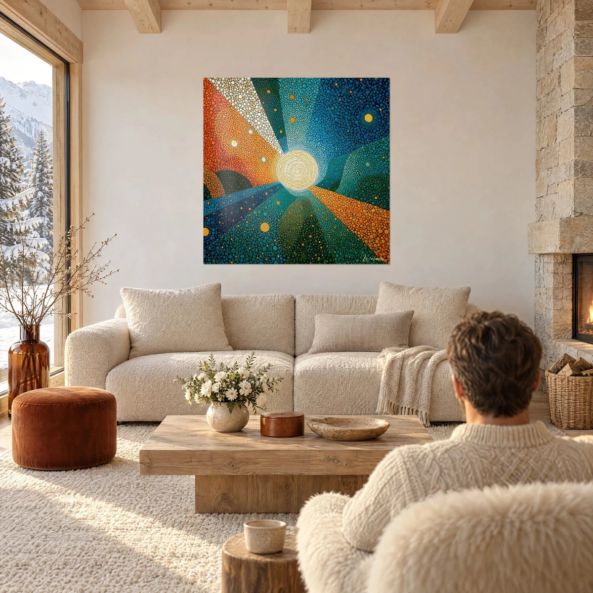 Wall art spiral sun of golden dots, orange and teal rays, above a sofa in a bright living room