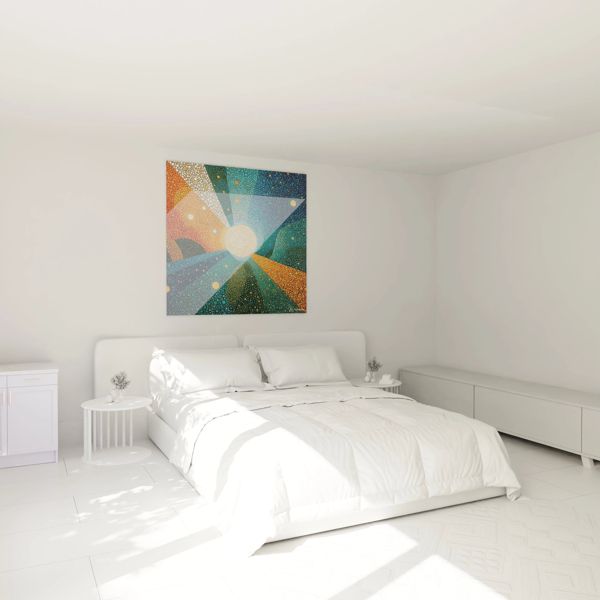 Tableau mural Walensky tableau soleil spirale pointillisme coloré accroché au dessus d un lit blanc minimaliste pour décor chambre