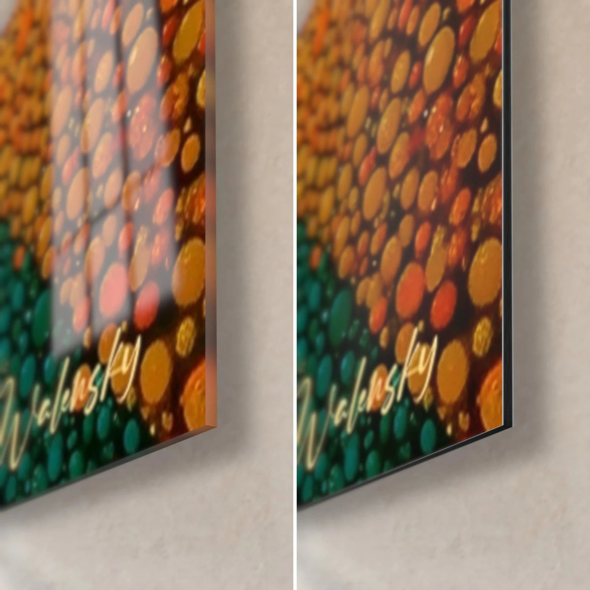Wall art pointillist sun, bottom right corner: orange and green dots, glossy glass on the left, matte Dibond on the right