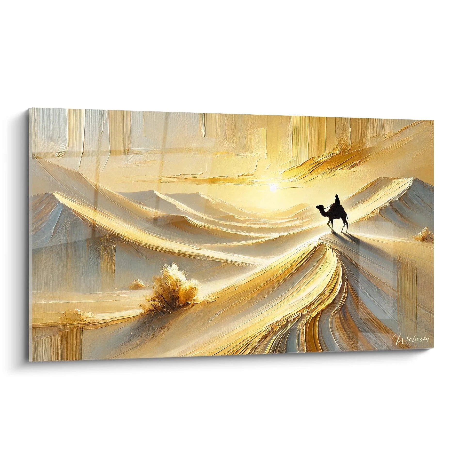 Vue de biais du tableau Desert capturant les dunes dorees et le voyageur solitaire sur son chameau face a l immensite mystique du desert ideal pour une ambiance apaisante et intemporelle

