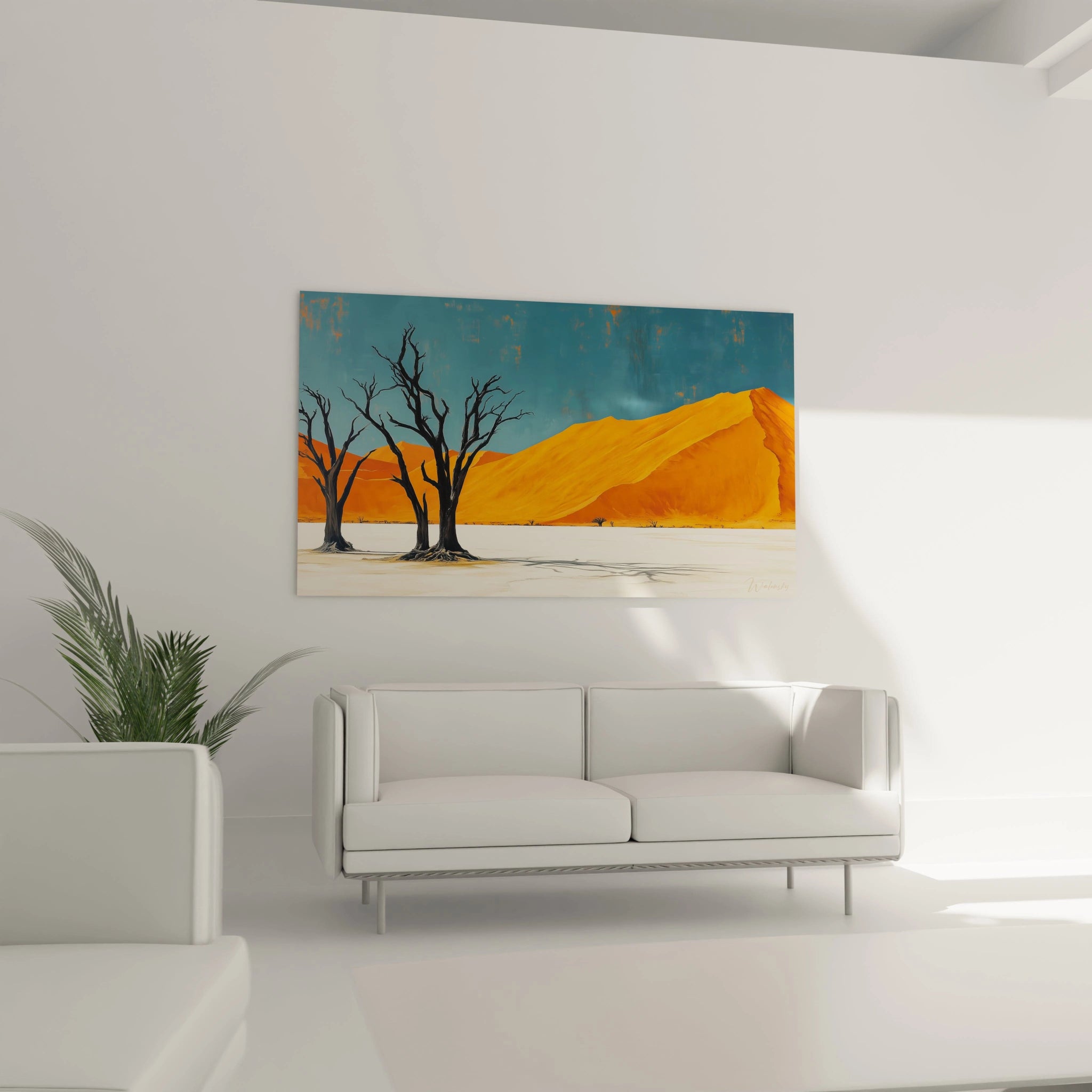 Tableau désert présentant dunes orange cuivrées aux courbes sensuelles avec arbres morts noirs au premier plan, texture détaillée et jeu d'ombres subtil
