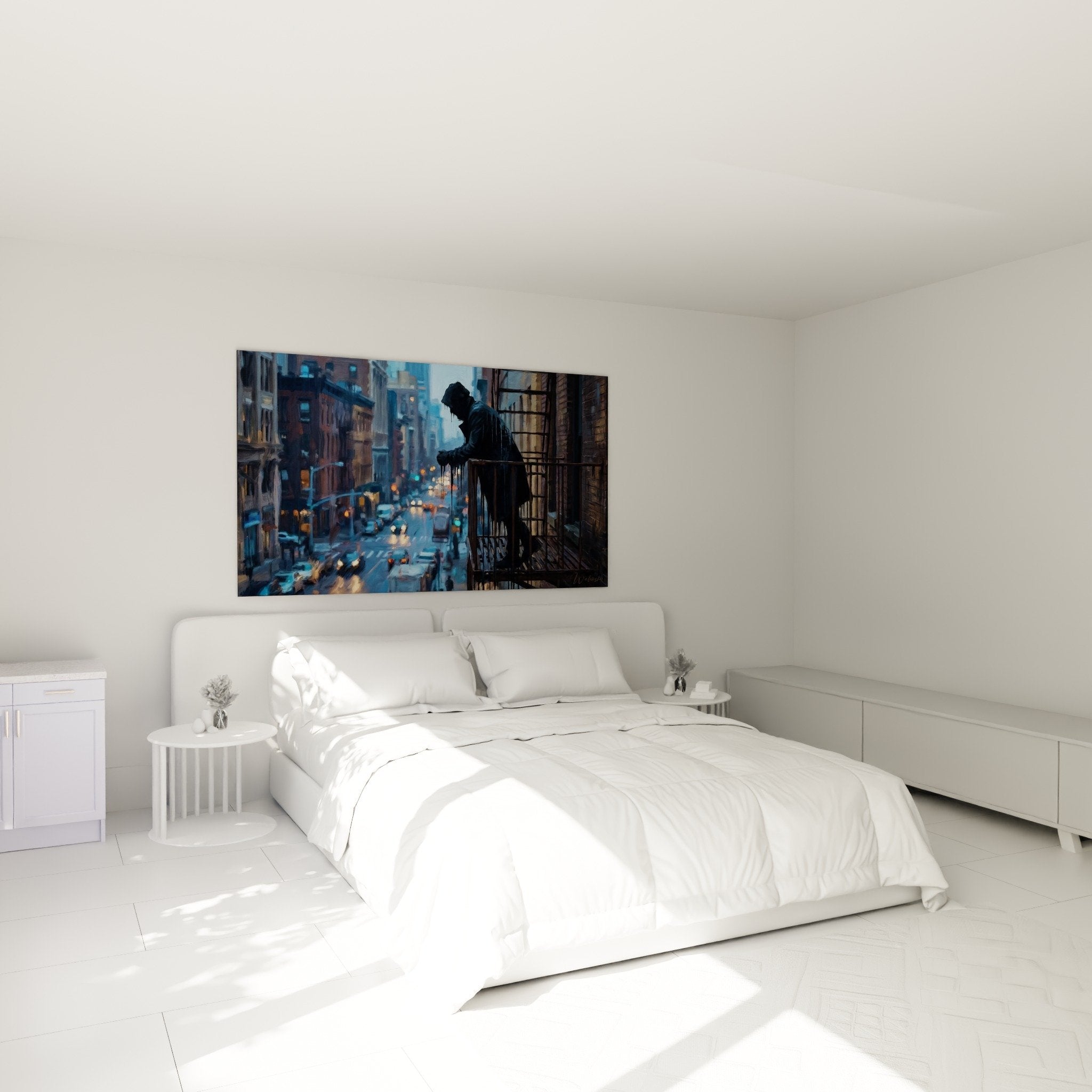 Tableau solitude urbaine nocturne dans chambre moderne murs sombres decoration contemporaine Bronx