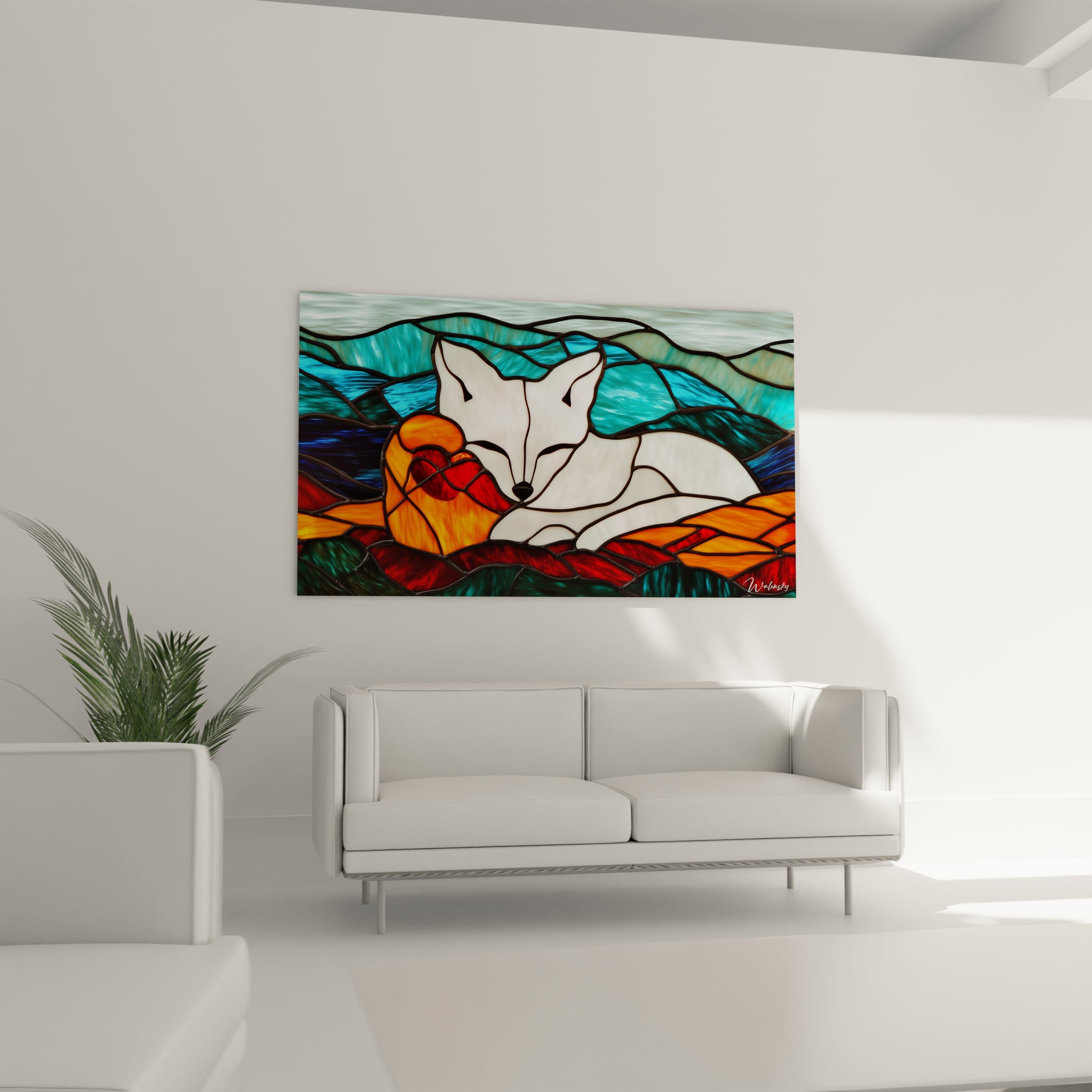 Un tableau renard blanc composé de segments de vitrail aux contours noirs distincts, présentant un animal endormi sur un paysage stylisé aux teintes turquoise pour le ciel et orange-rouge pour le terrain.
