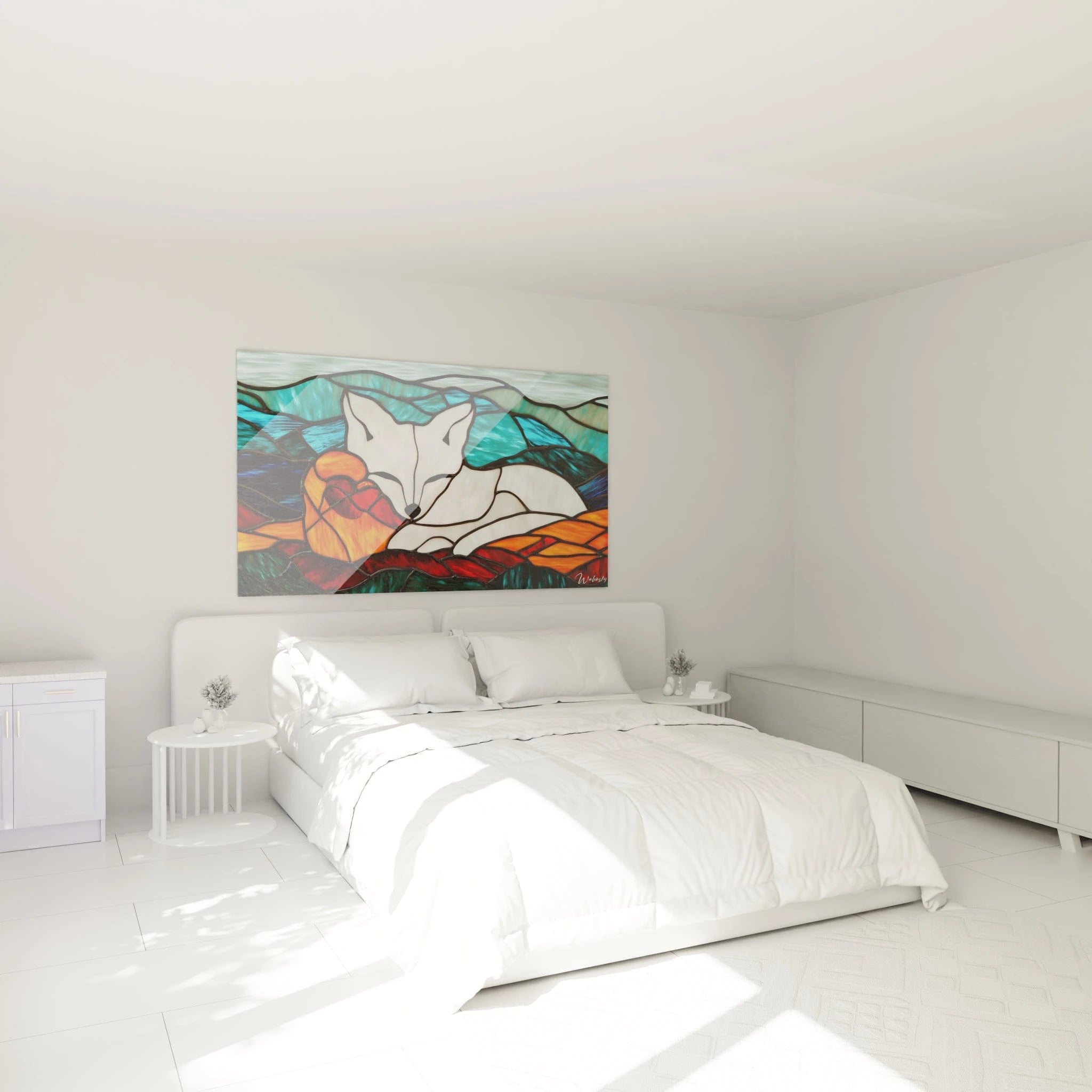Un tableau vitrail arctique montrant un renard blanc au repos, entouré de fragments de verre turquoise évoquant le ciel, et de sections orange et rouge représentant le sol, tous délimités par des jointures noires structurées.
