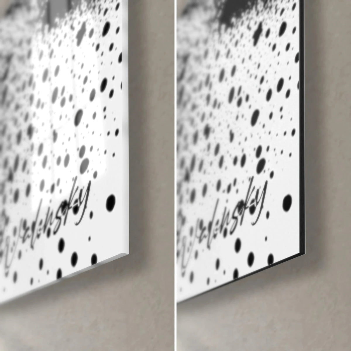 Gemälde Berge aus schwarzen Tintenpunkten, untere rechte Ecke: glänzendes Acrylglas links, matt weißes Alu-Dibond rechts, 3 mm Kante
