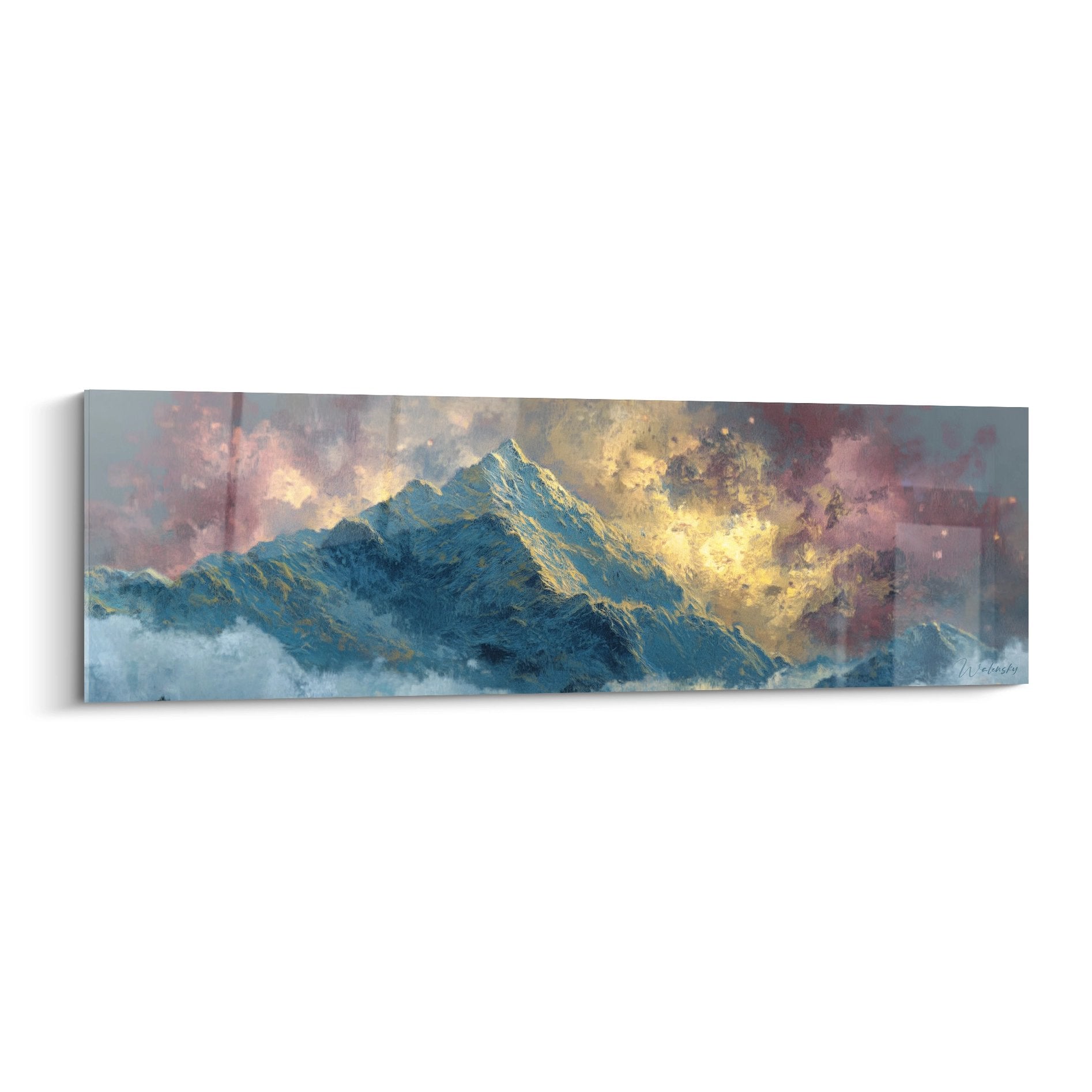 Tableau mural sommet enneigé avec ciel dramatique doré et rose, décoration montagne panoramique