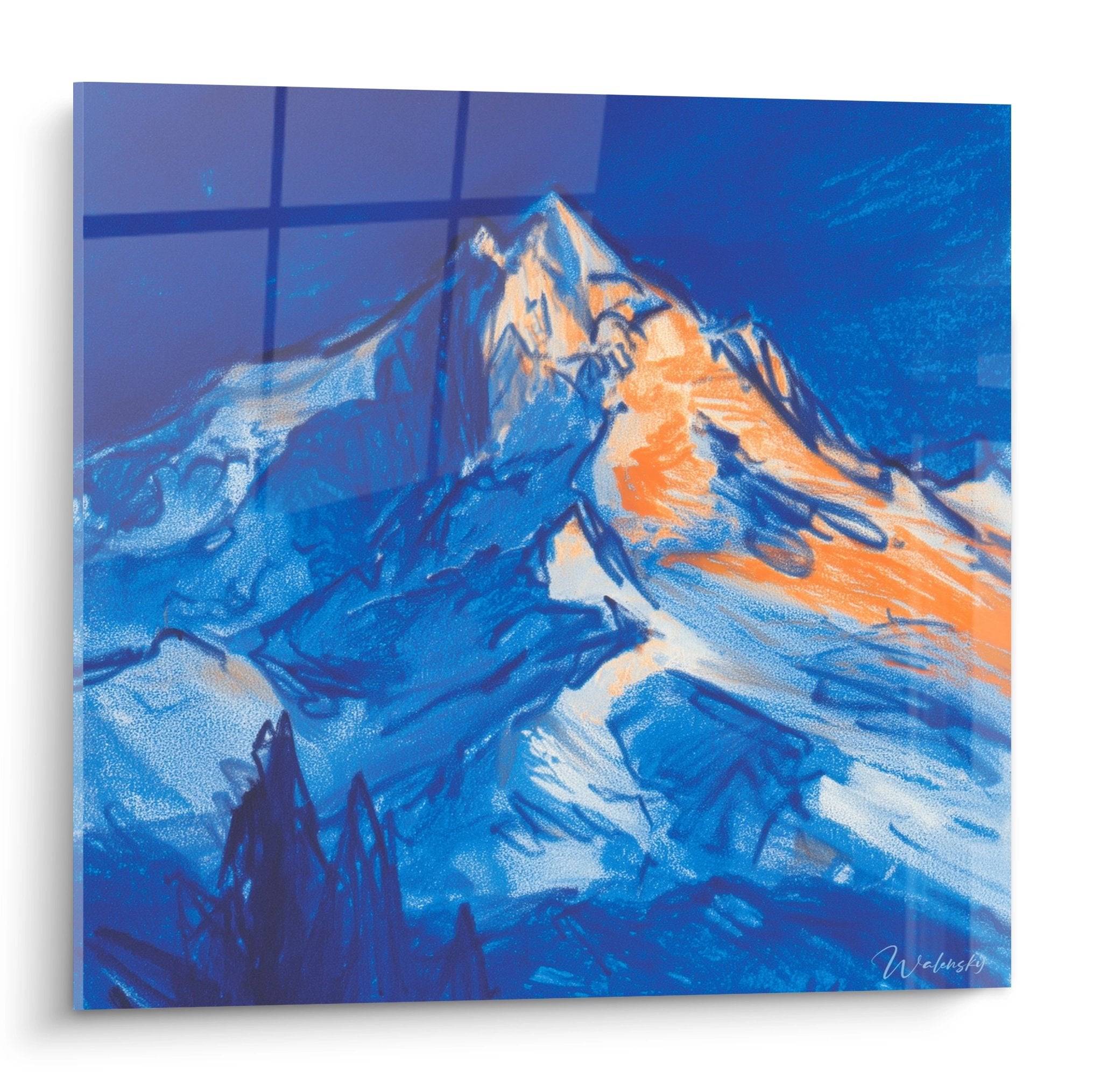 Tableau mural sommet enneigé aux reflets orangés, art montagne moderne par Walensky