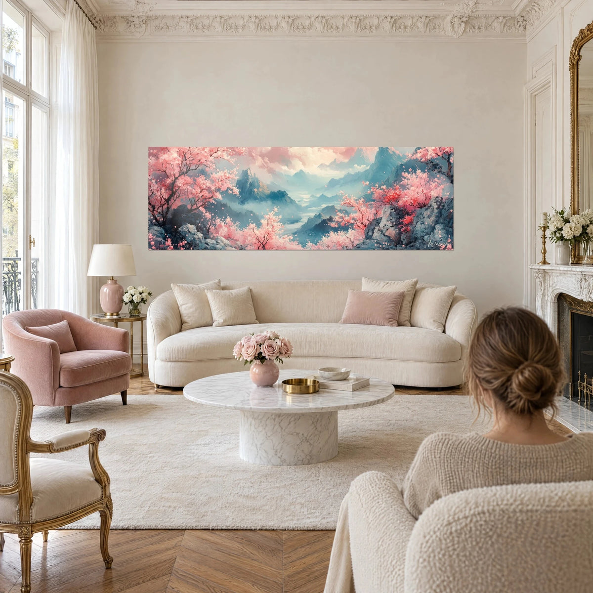 Gemälde mit blaugrauen Gipfeln unter rosafarbenem Himmel, blühende Kirschbäume im Vordergrund, über einem Sofa in einem hellen Wohnzimmer