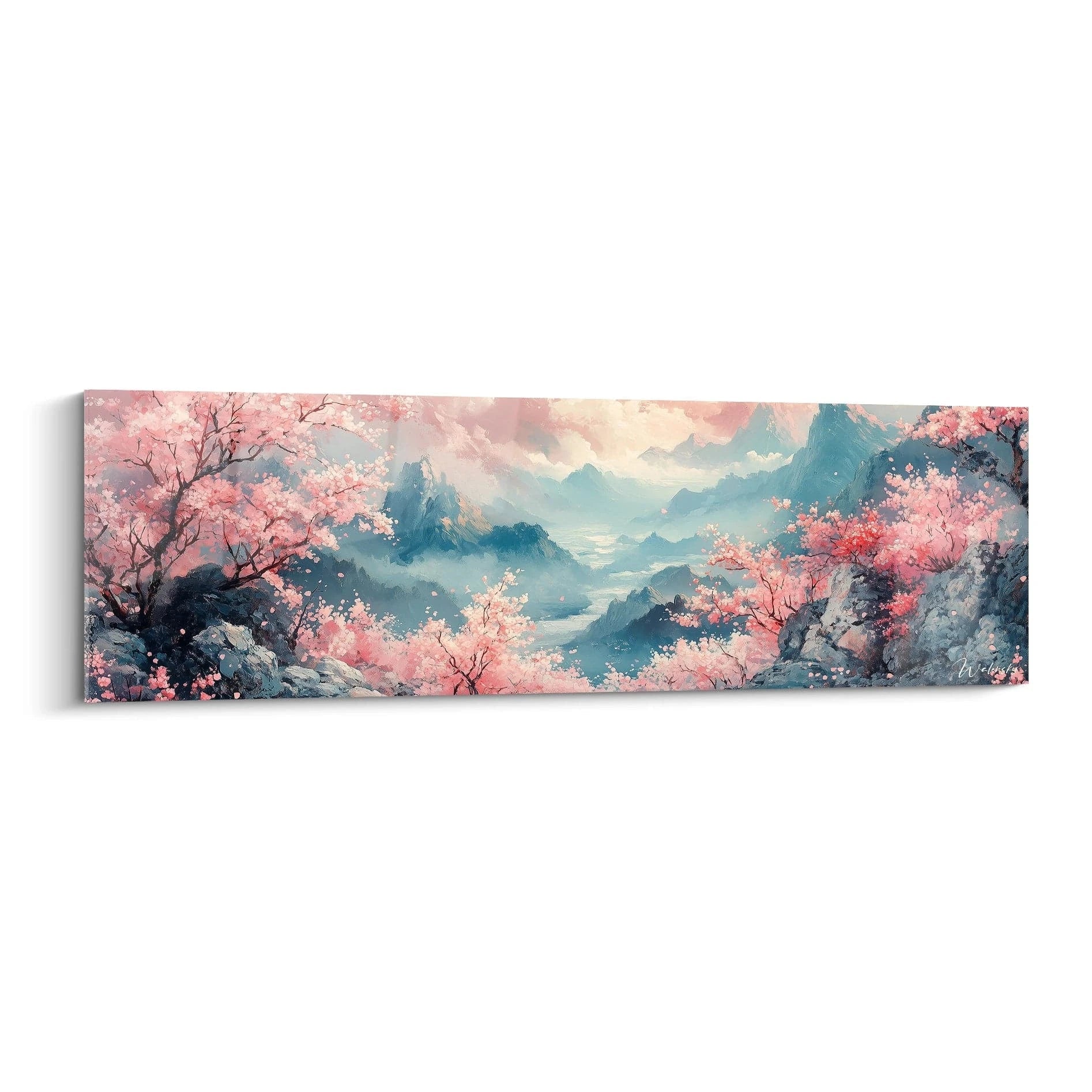 Un tableau montagne présentant un paysage panoramique de sommets bleutés entourés de cerisiers en fleurs roses. Des brumes légères enveloppent les vallées, créant différents plans de profondeur. Textures variées entre rochers solides et pétales délicats sous un ciel rosé.
