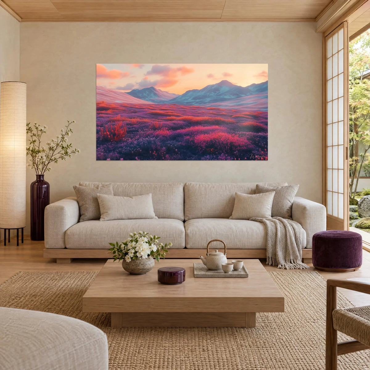 Quadro cime innevate al crepuscolo, cielo pesca e brughiera viola punteggiata di fiori rossi, sopra un divano in un soggiorno luminoso
