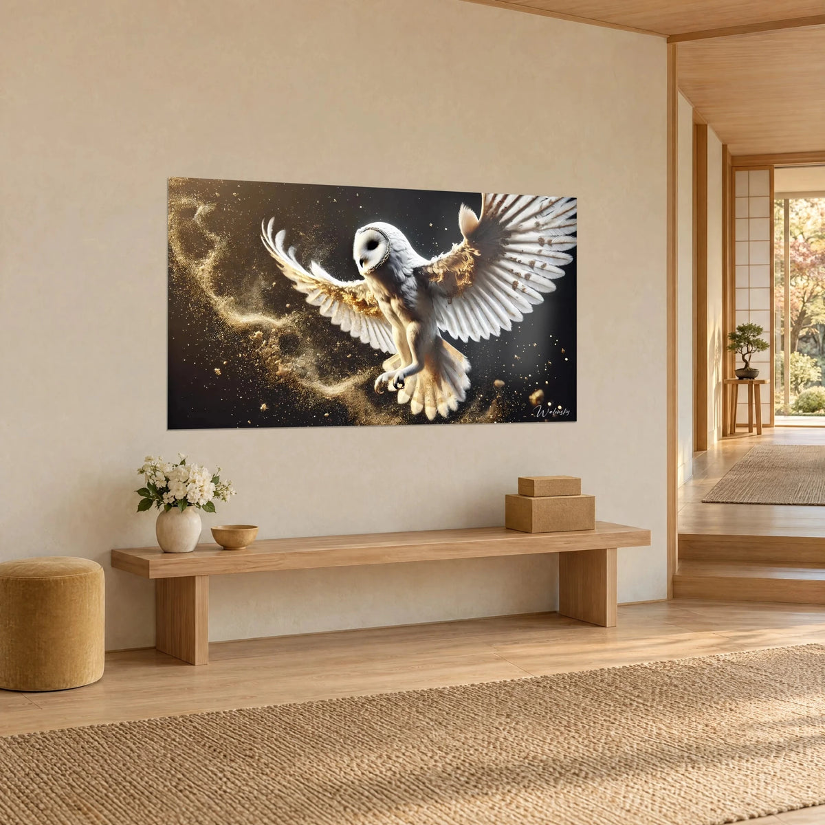 Wall art ivory owl in flight, curved talons and a trail of golden sequins, beige wall of a Japandi hallway
