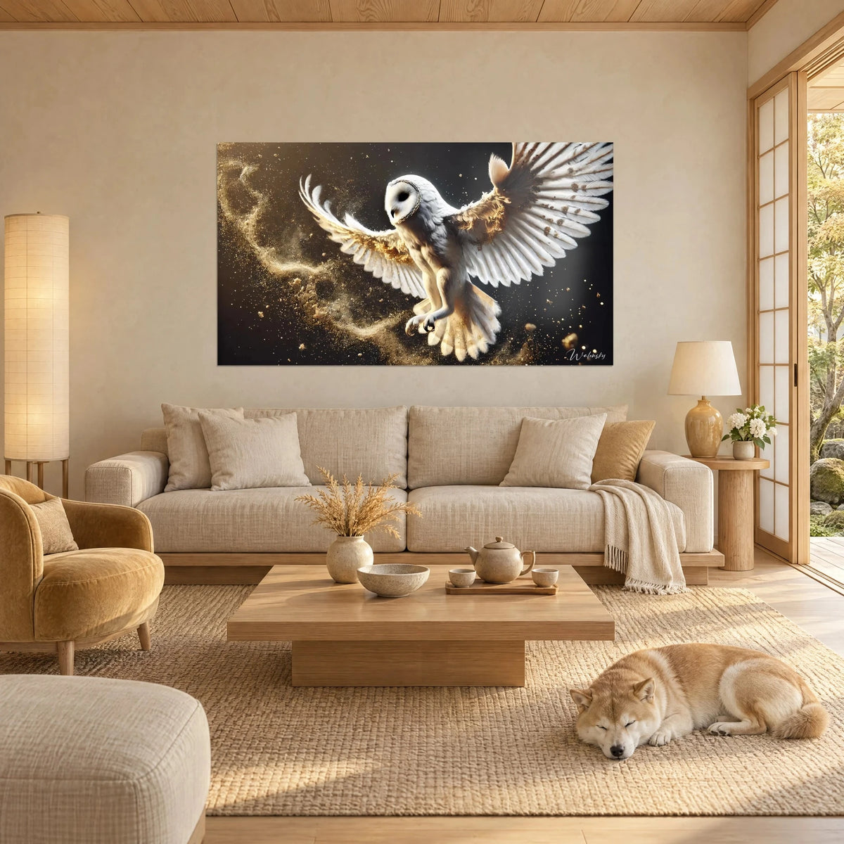 Wall art barn owl with spread wings, white feathers and gold dust on a black background, above a sofa in a bright living room