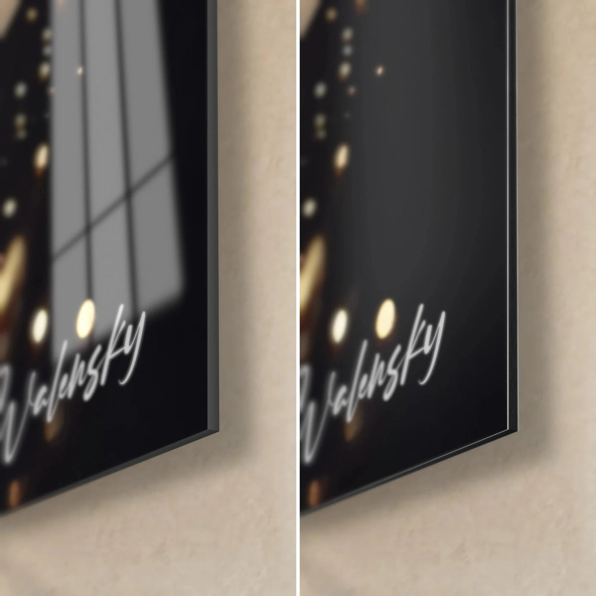 Wall art white and gold owl, bottom right corner: glossy acrylic glass on the left, matte brushed Dibond aluminum on the right, 3 mm black edge