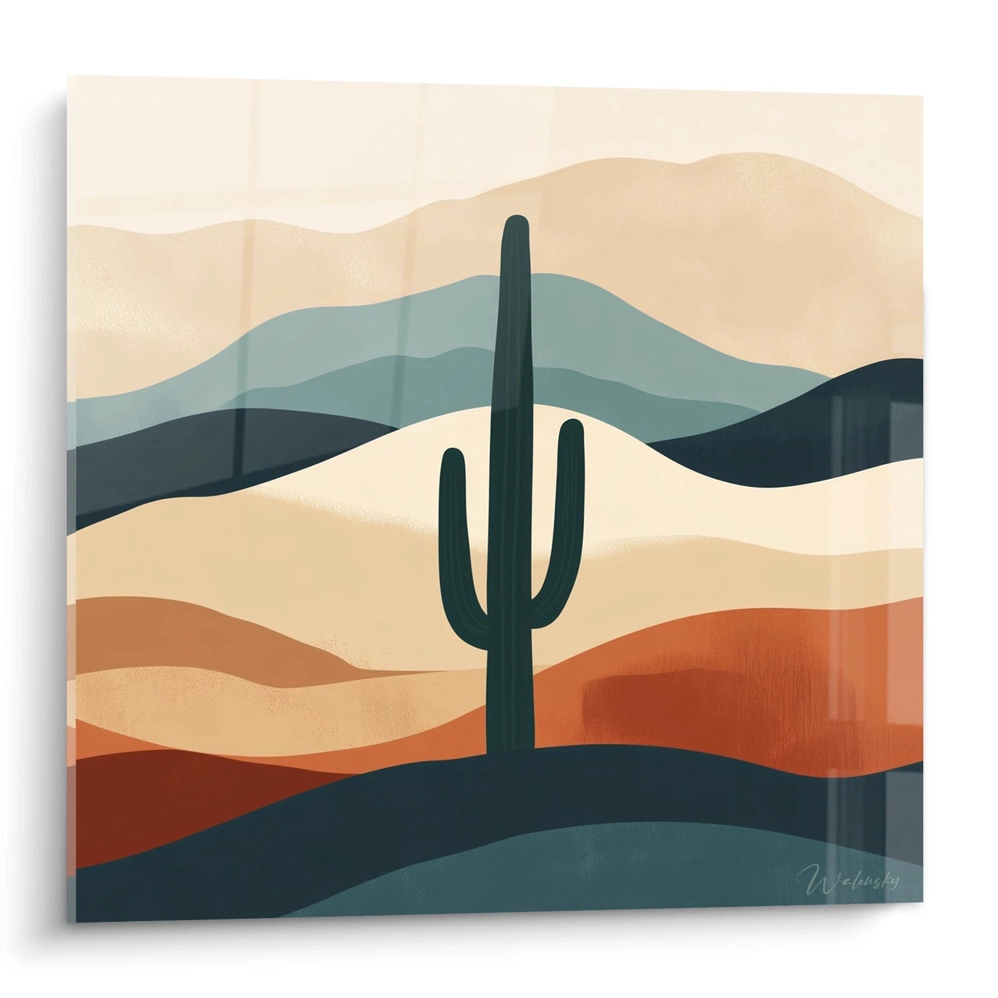 Un tableau désertique minimaliste représentant un cactus saguaro majestueux au centre, entouré de collines ondulantes aux teintes beige, orange terracotta et bleu-vert, avec une texture mate et des transitions douces entre les différentes strates colorées.
