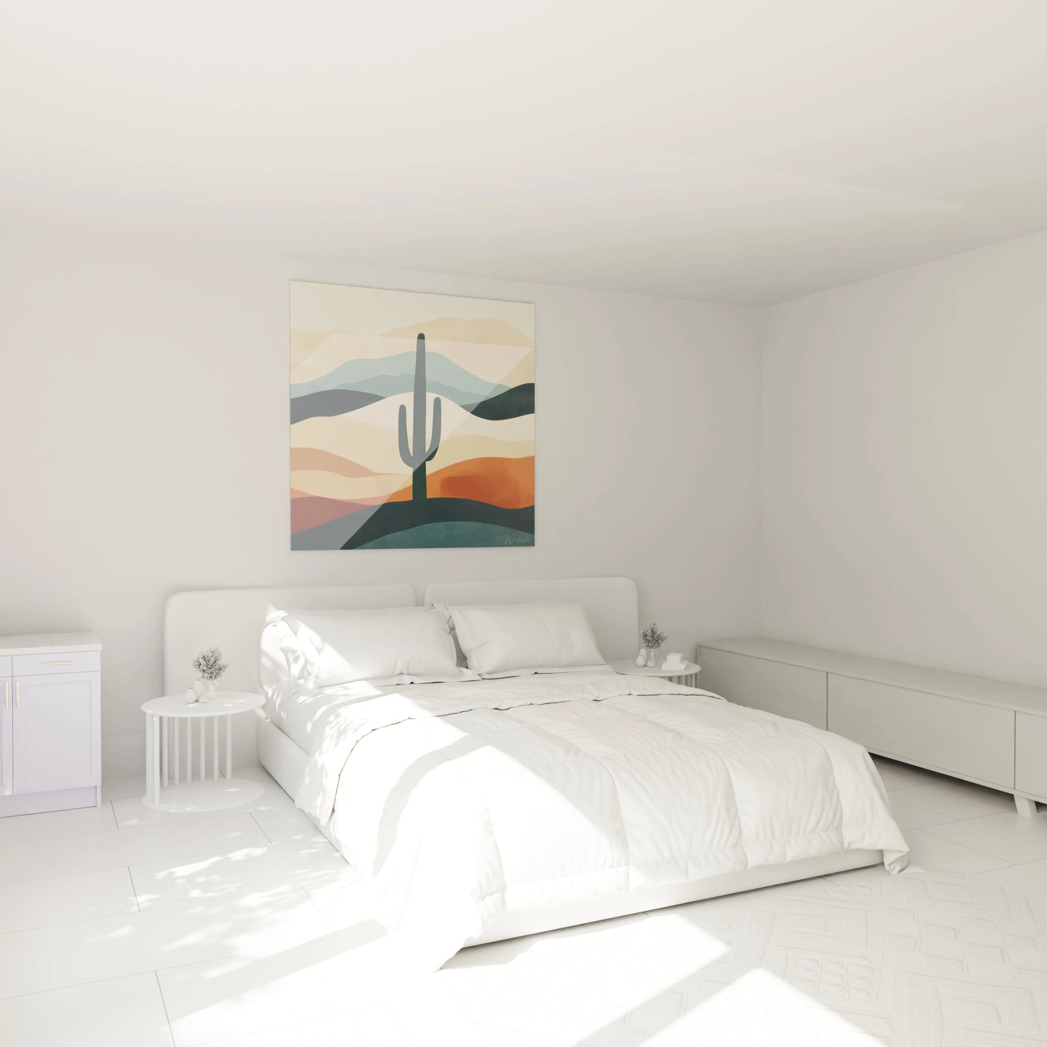 Un tableau cactus contemporain illustrant un paysage désertique stylisé avec des lignes ondulantes superposées en beige, terracotta et bleu-vert, où un saguaro vertical vert foncé crée un contraste graphique saisissant au milieu des formes horizontales douces.
