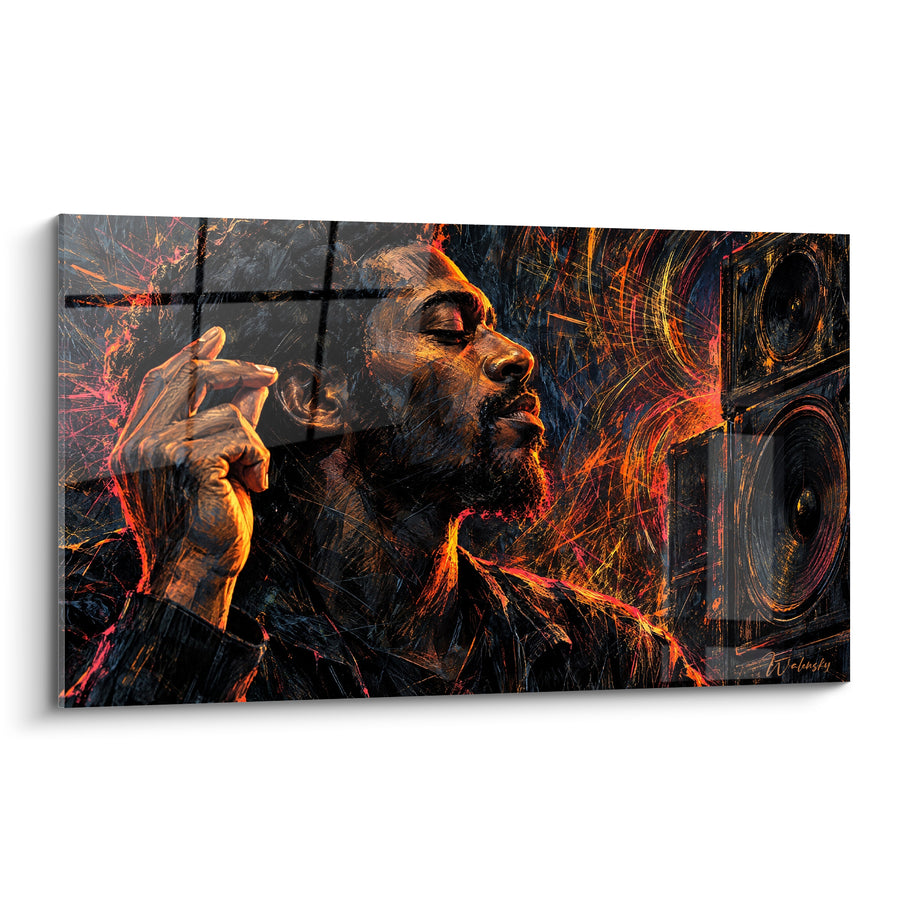 Tableau Homme et enceintes aux flammes orangées - Transe musicale - Edition Sonorisation
