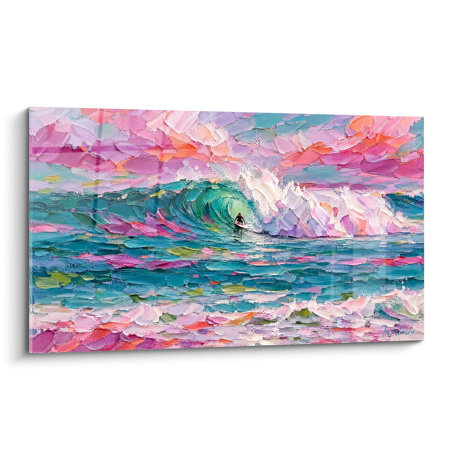 Surfer-Gemälde in rosa und türkisfarbener Welle - Lichtröhre - Edition Soorts-Hossegor Nouvelle-Aquitaine Frankreich