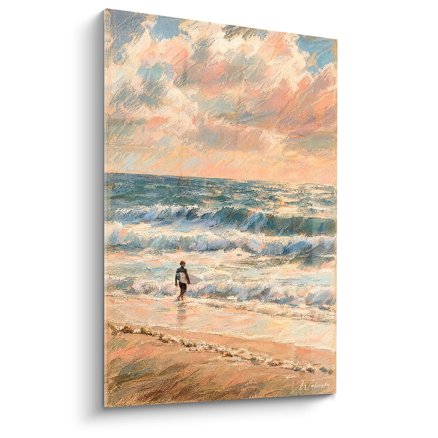 Gemälde Surfer in Ocker und Blau zu den Wellen - Ruf der Weite - Edition Soorts-Hossegor Nouvelle-Aquitaine Frankreich
